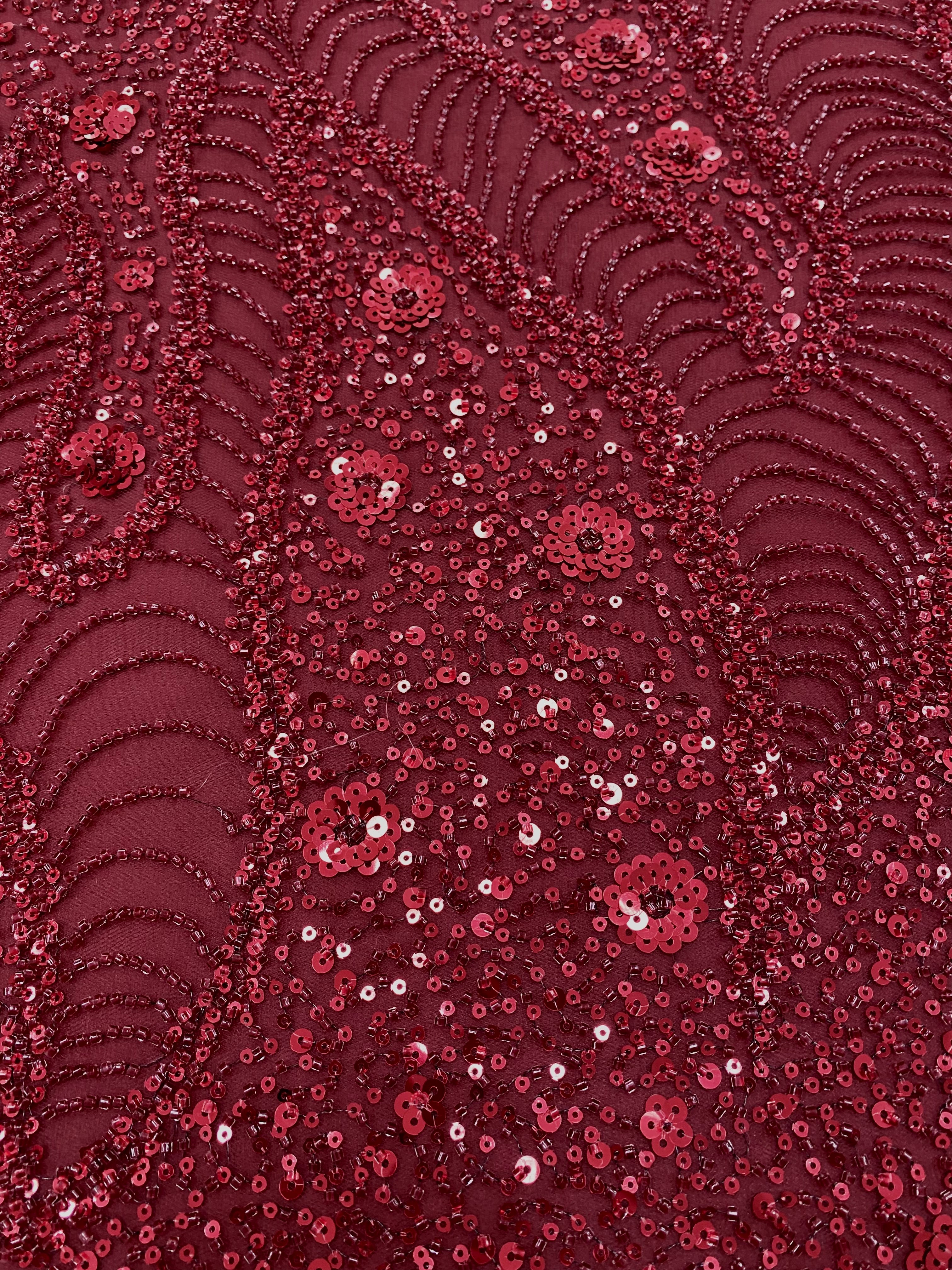 Bordeaux Couture Lace with Geometric and Floral Pattern, with Beads and Sequins