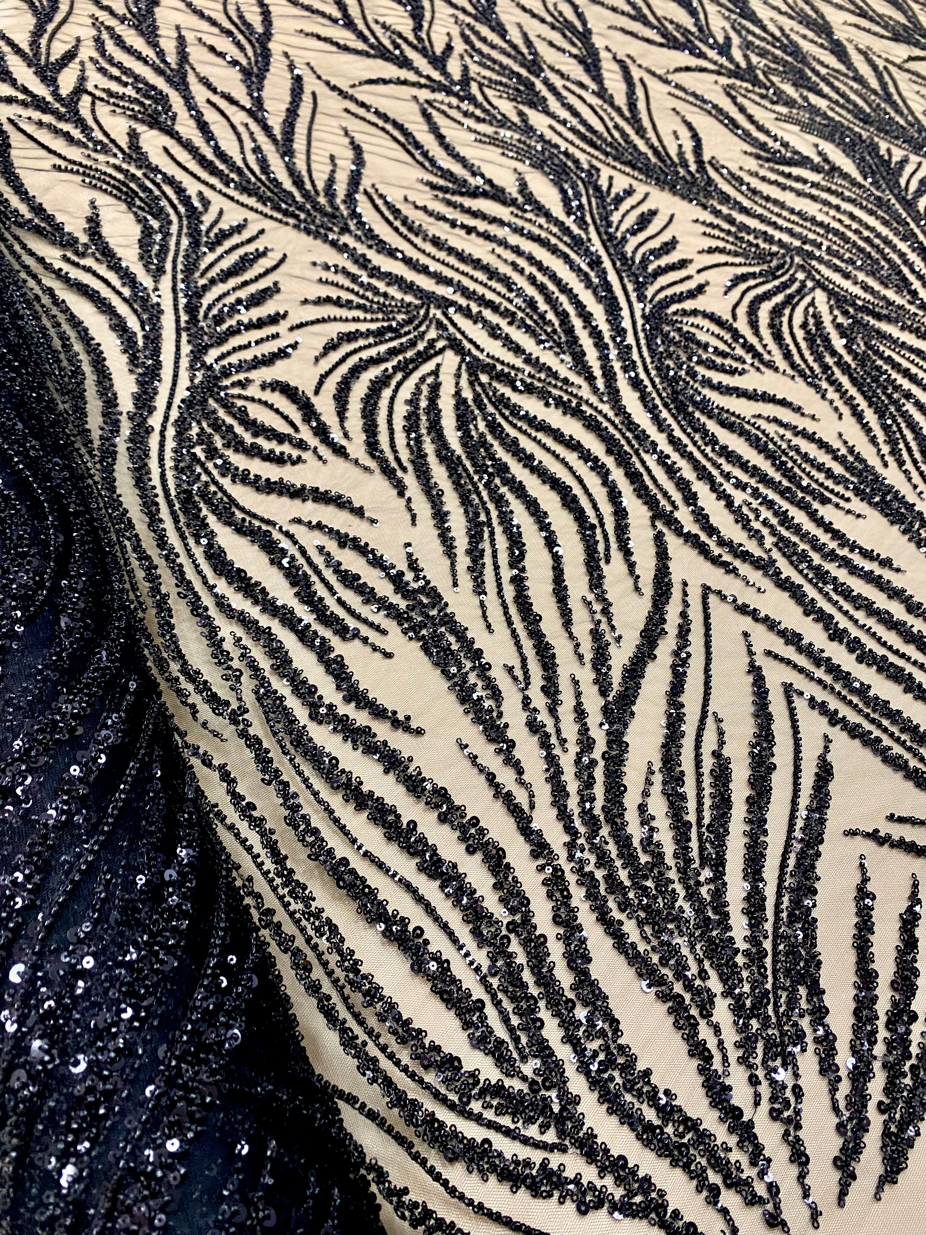 Black Couture Lace with Strings, Beads and Sequins