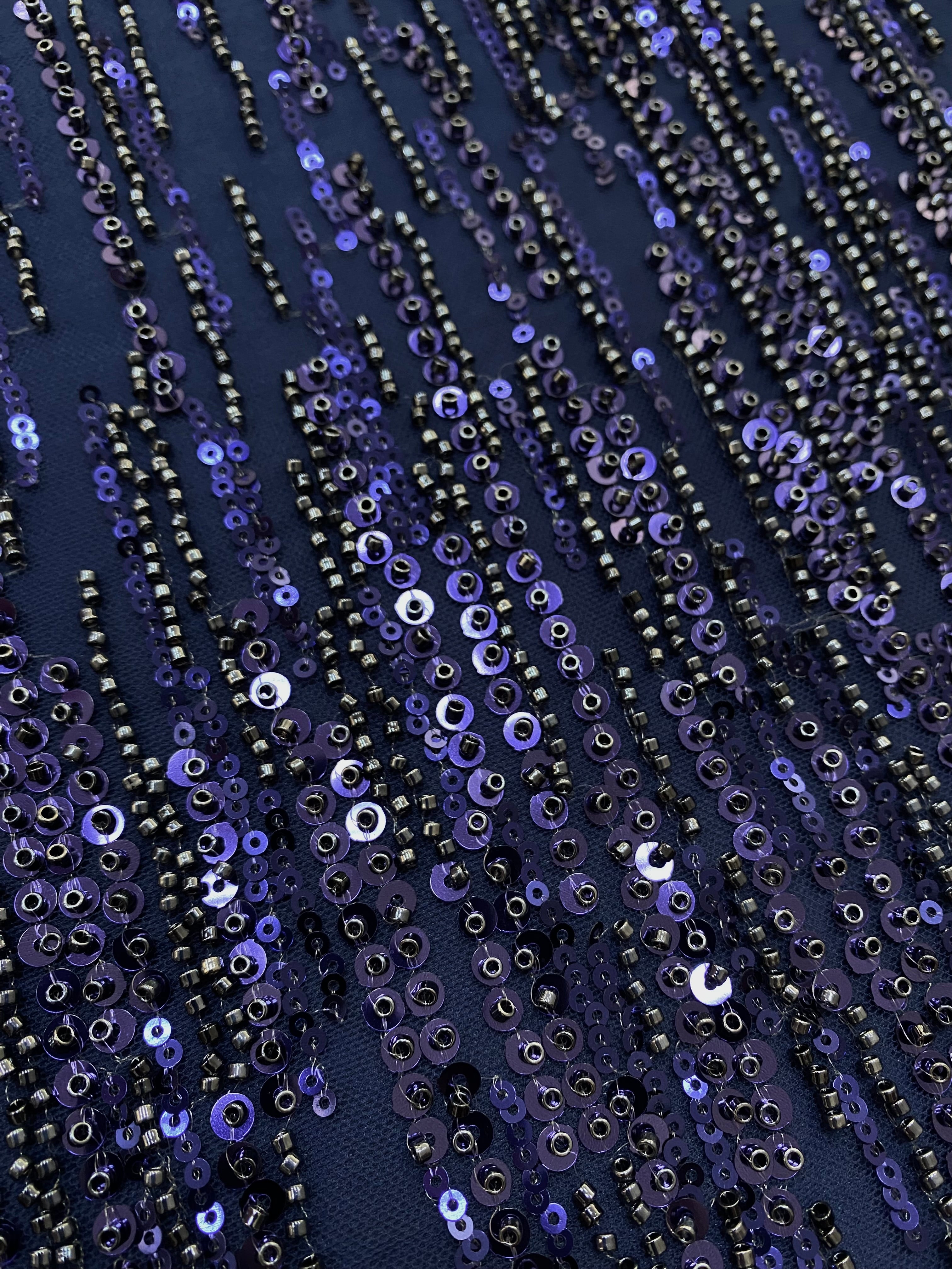 Navy Blue Couture Lace with Linear Pattern, Beads and Sequins