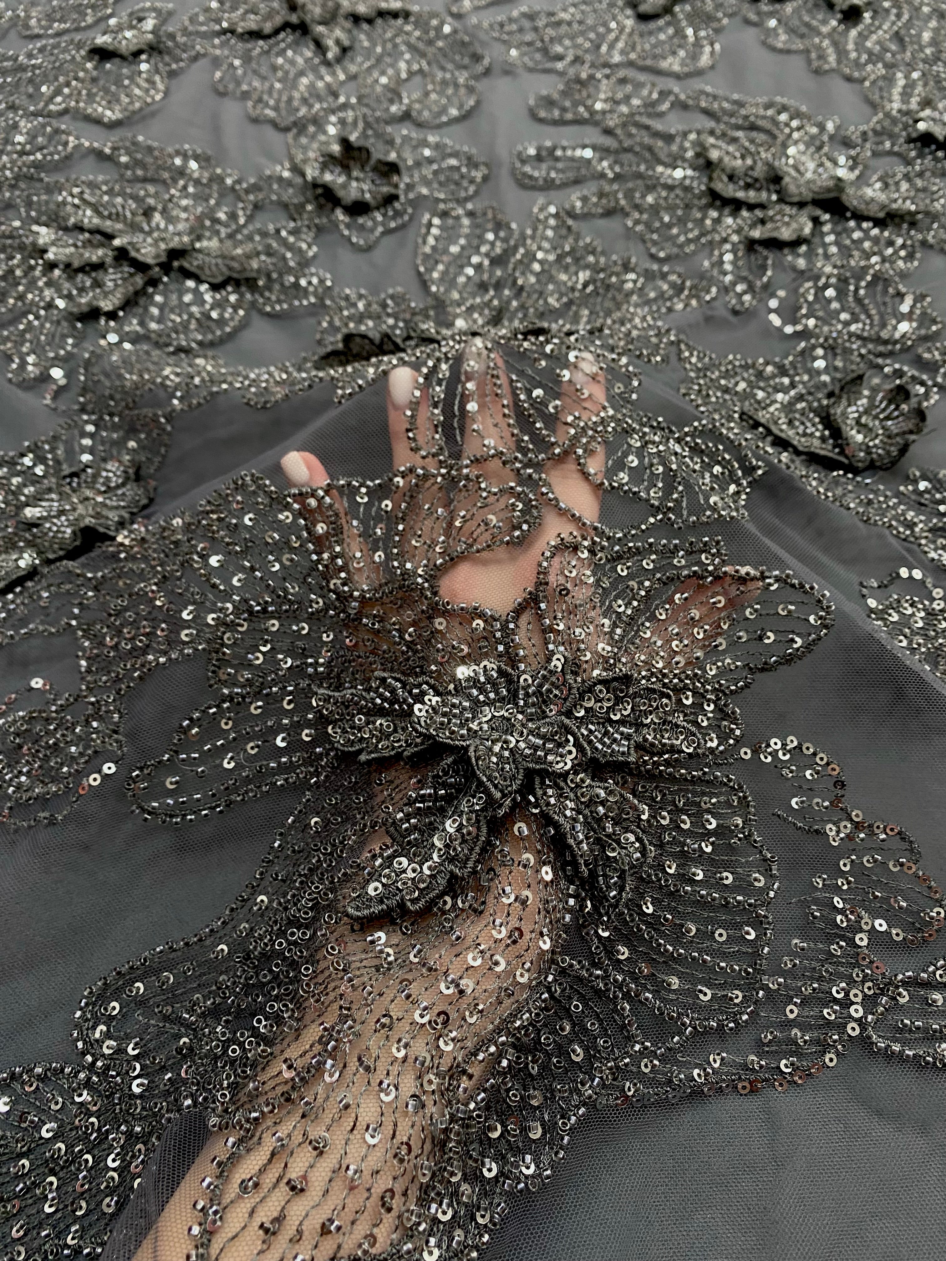 Silver Lace with Linear Pattern, with Pearls and Sequins
