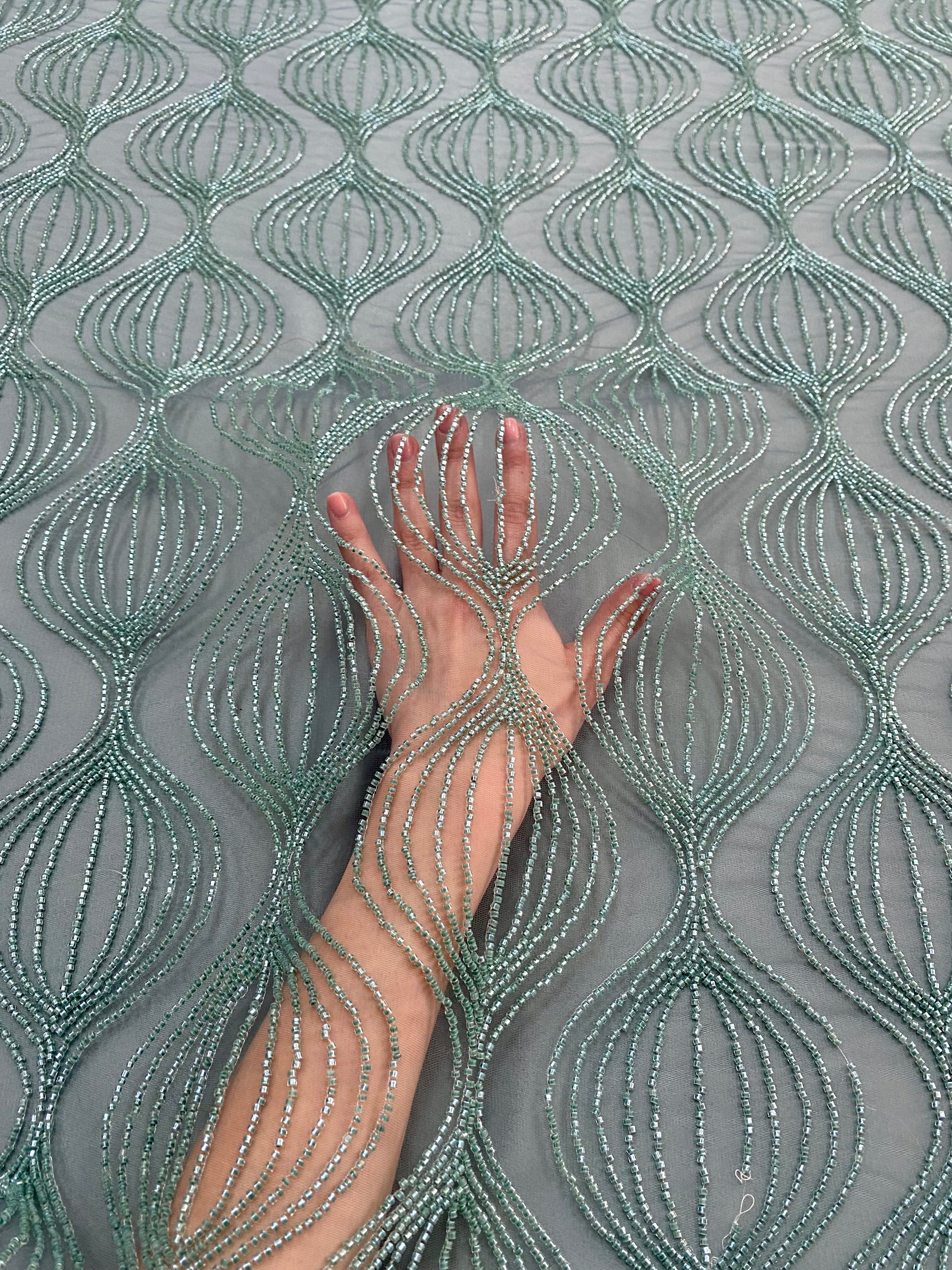 Dantela Couture Verde Ou de Rata cu Model Geometric, cu Margele