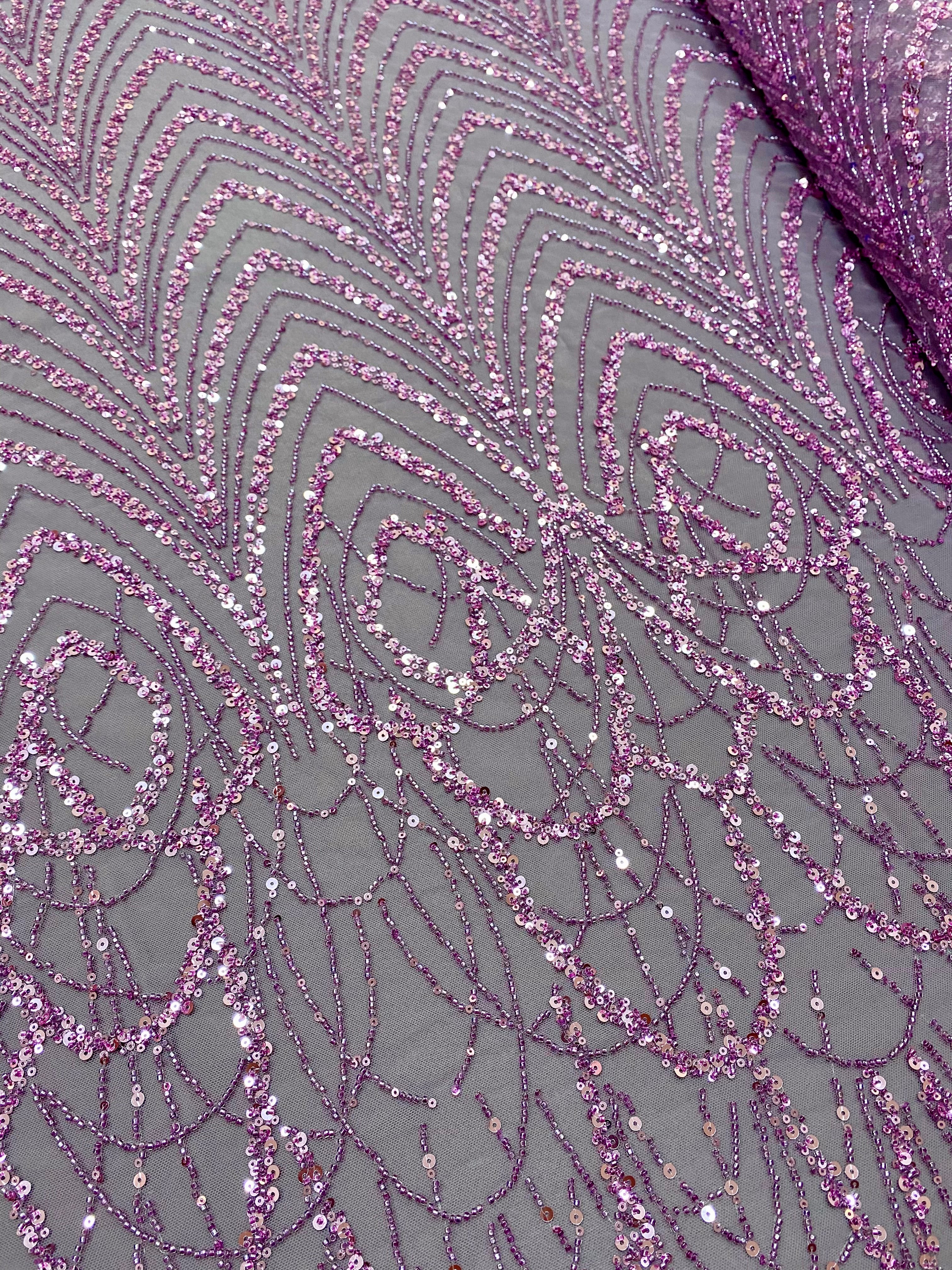 Dantela Couture Lavanda Pudrata cu Model Geometric cu Margele si Paiete