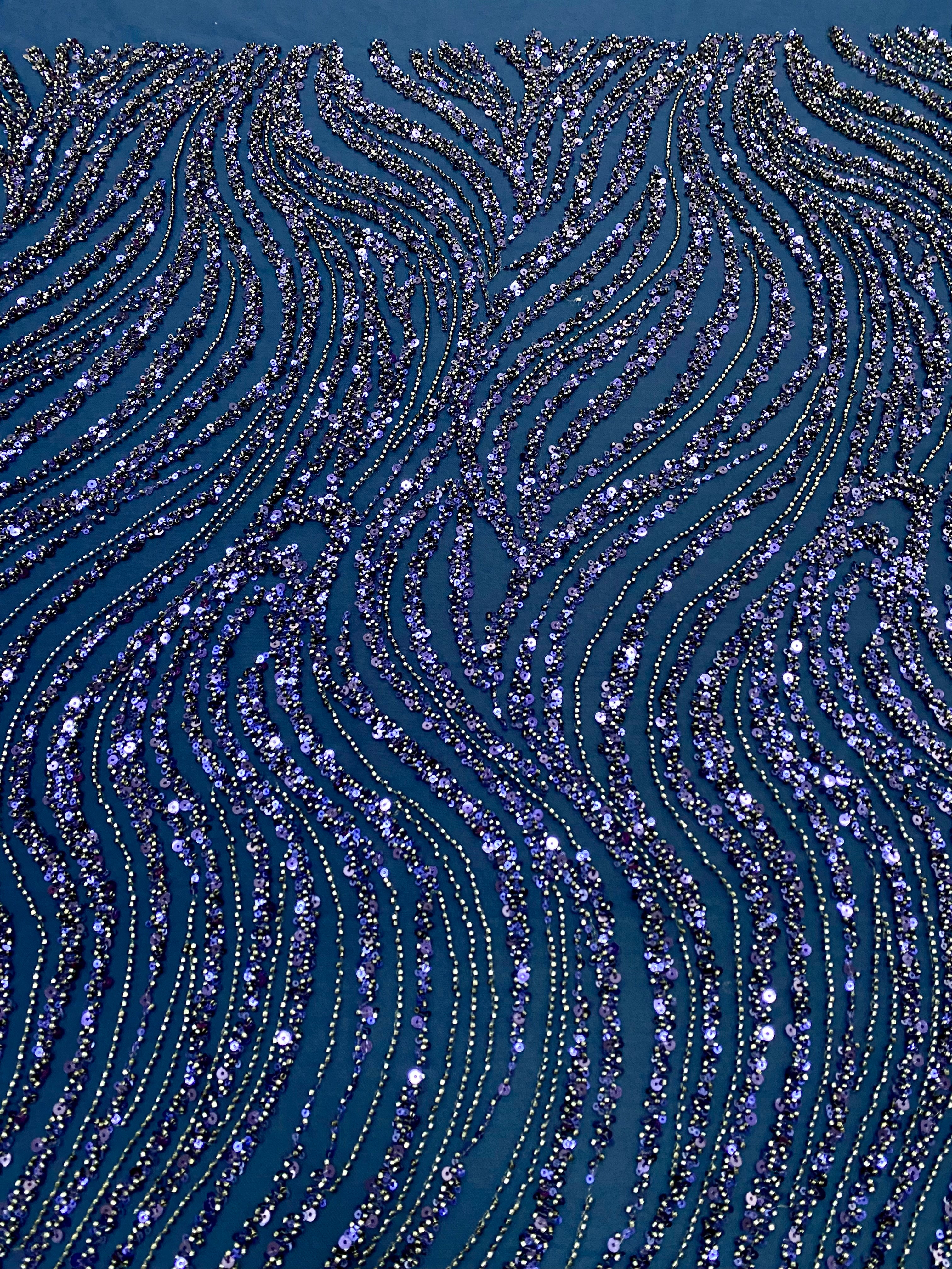 Navy Blue Couture Lace with Linear Pattern, Beads and Sequins