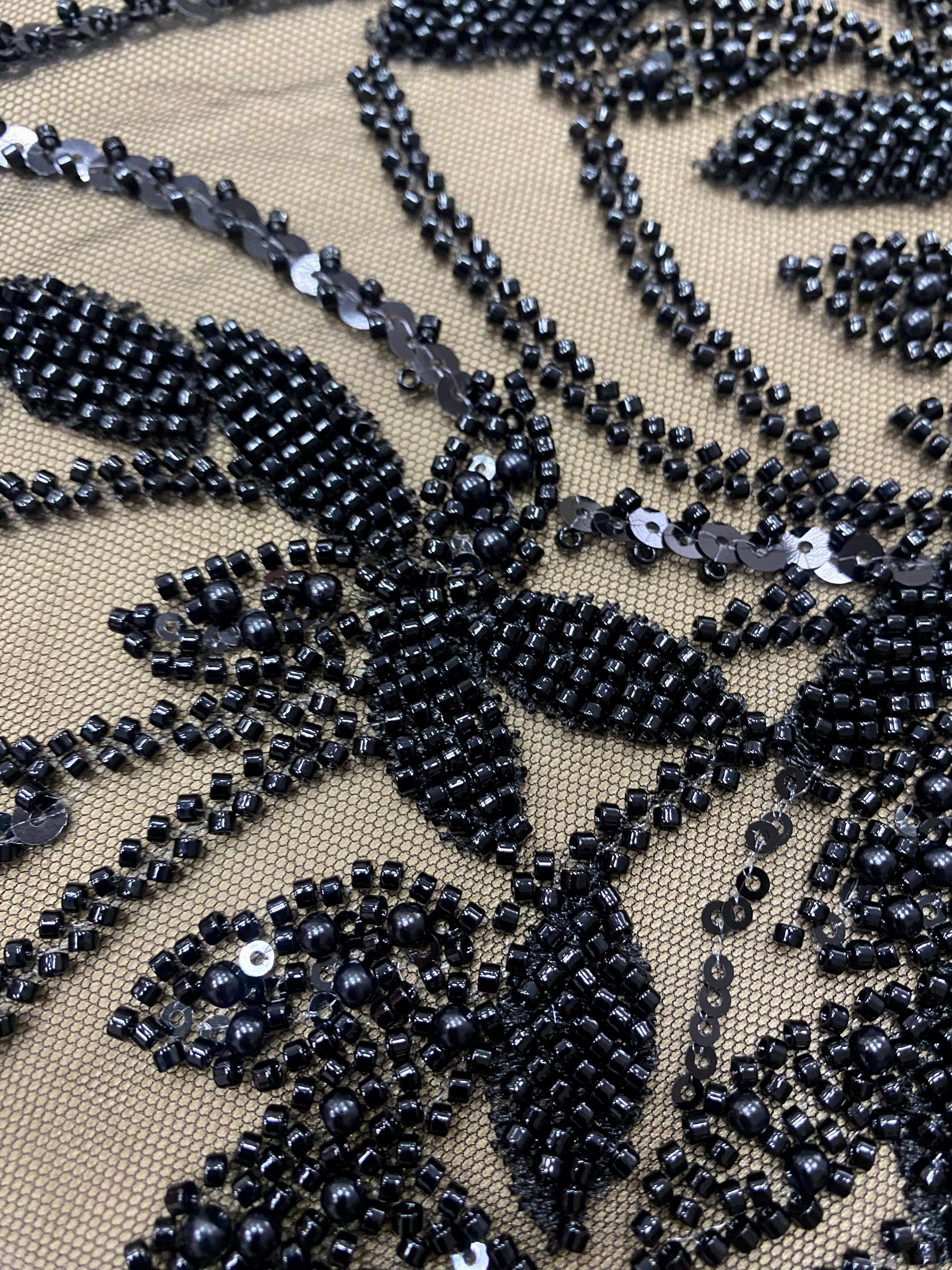 Black Couture Lace with Floral Pattern, Pearls, Beads and Sequins