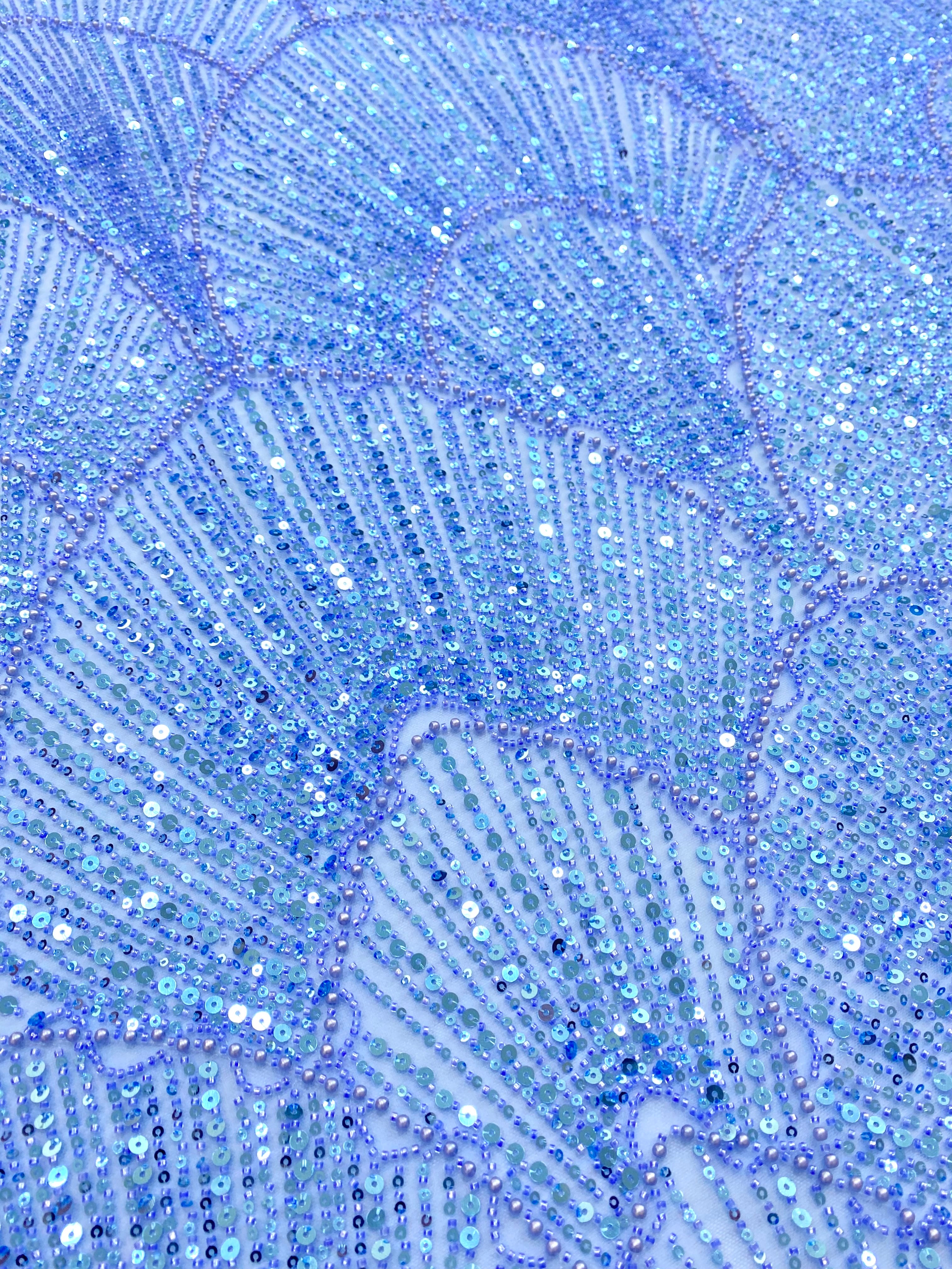 Dantela Couture Sky Blue cu Model Geometric, cu Perle, Margele si Paiete