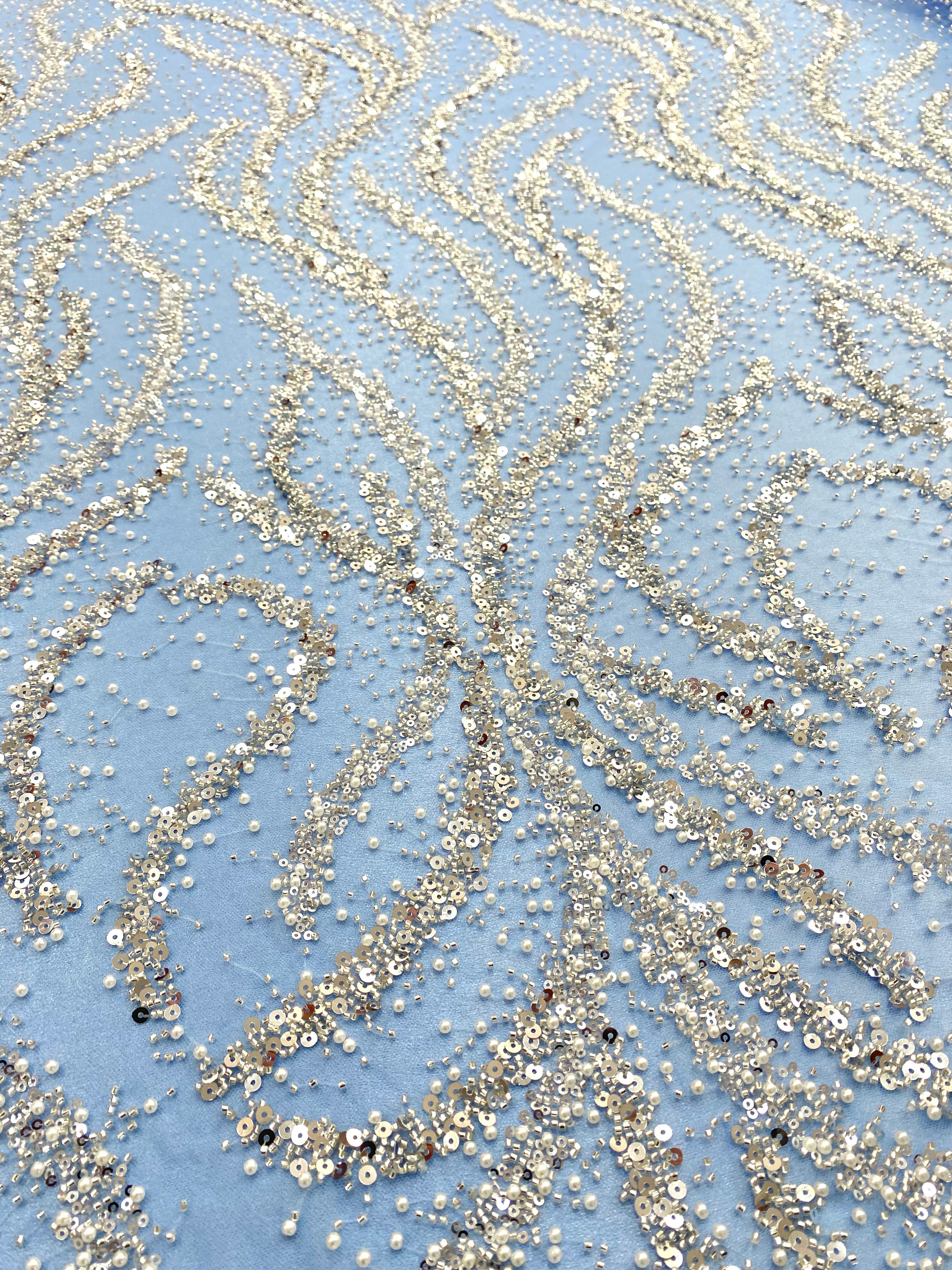 Silver Couture Lace on Blue Tulle with Pearls, Beads and Sequins 