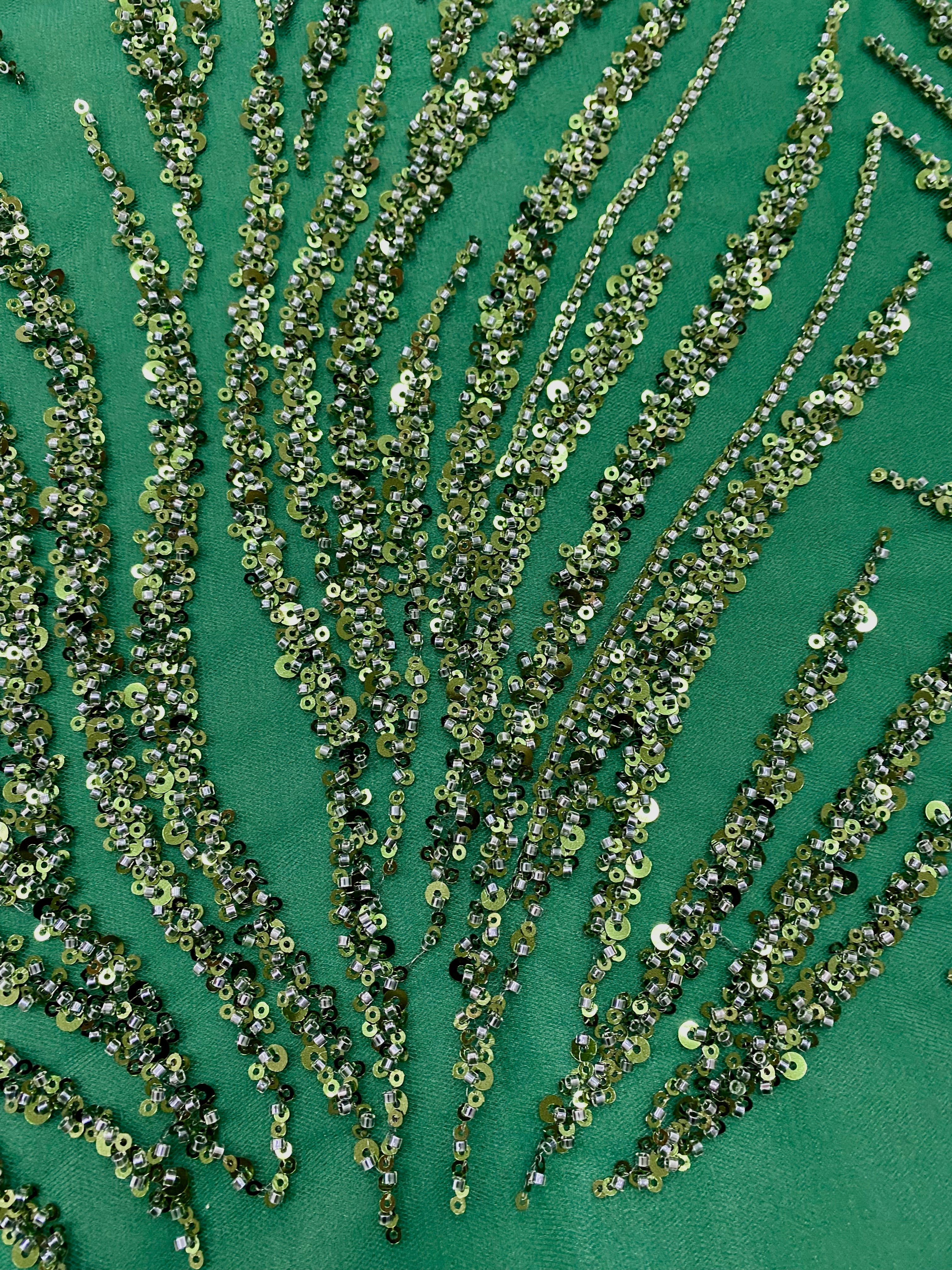 Turquoise Lace with Linear Pattern, with Beads and Sequins