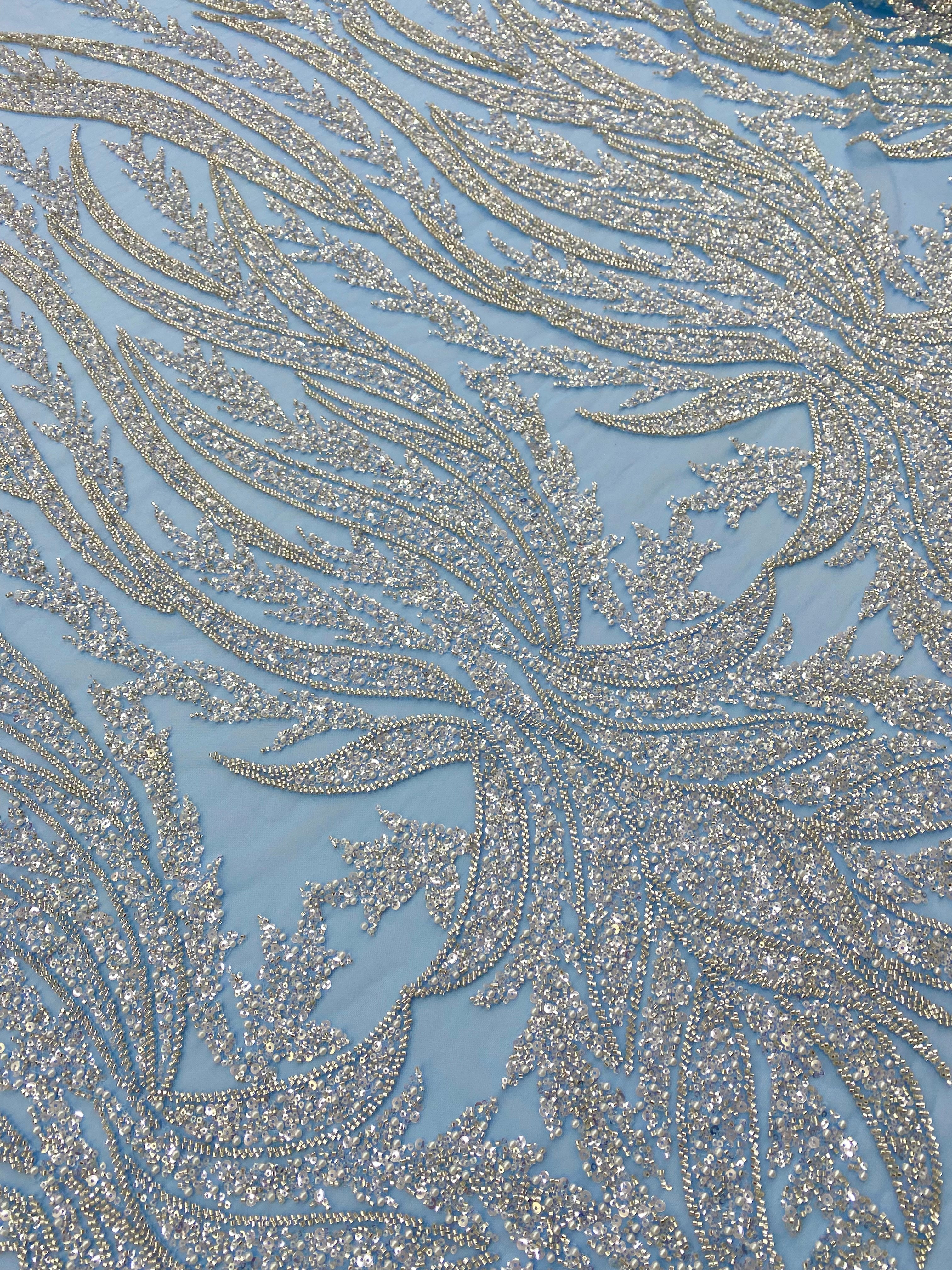 Silver Couture Lace on Blue Tulle with Panel, with Pearls, Beads and Sequins