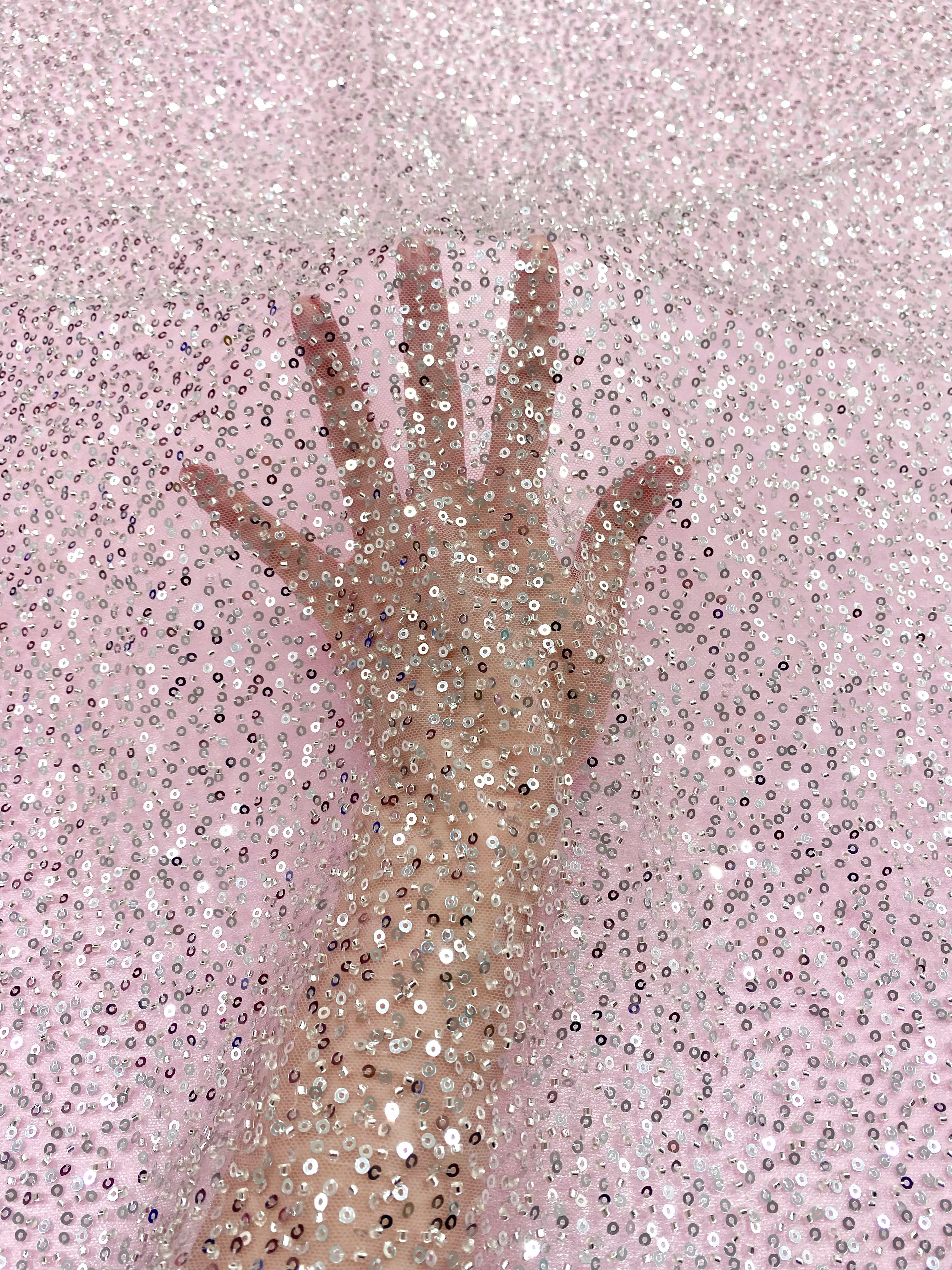 Silver Couture Lace on Pink Tulle with General Pattern, with Beads and Sequins