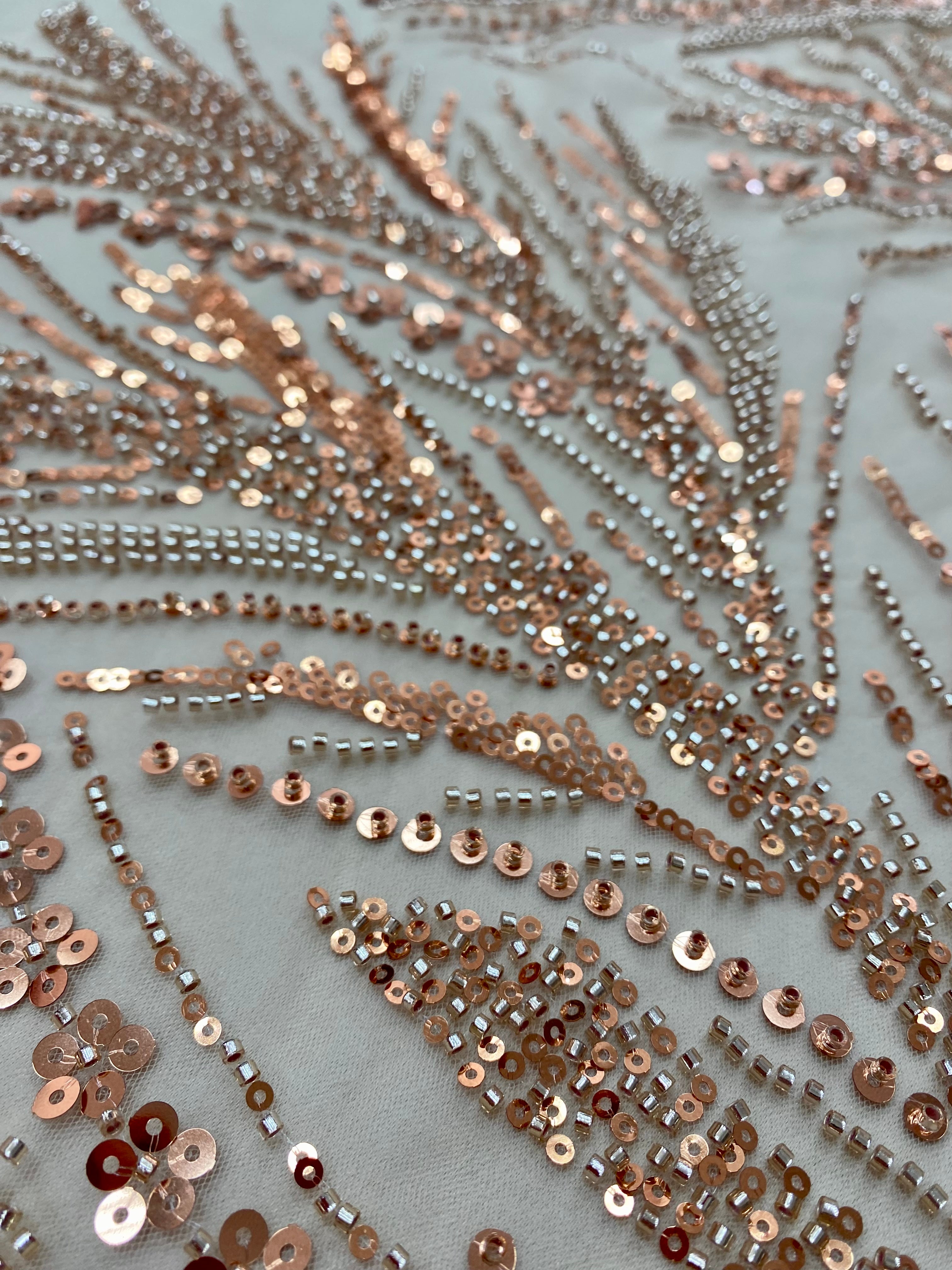 Rose Gold Couture Lace with Linear Pattern, Beads and Sequins