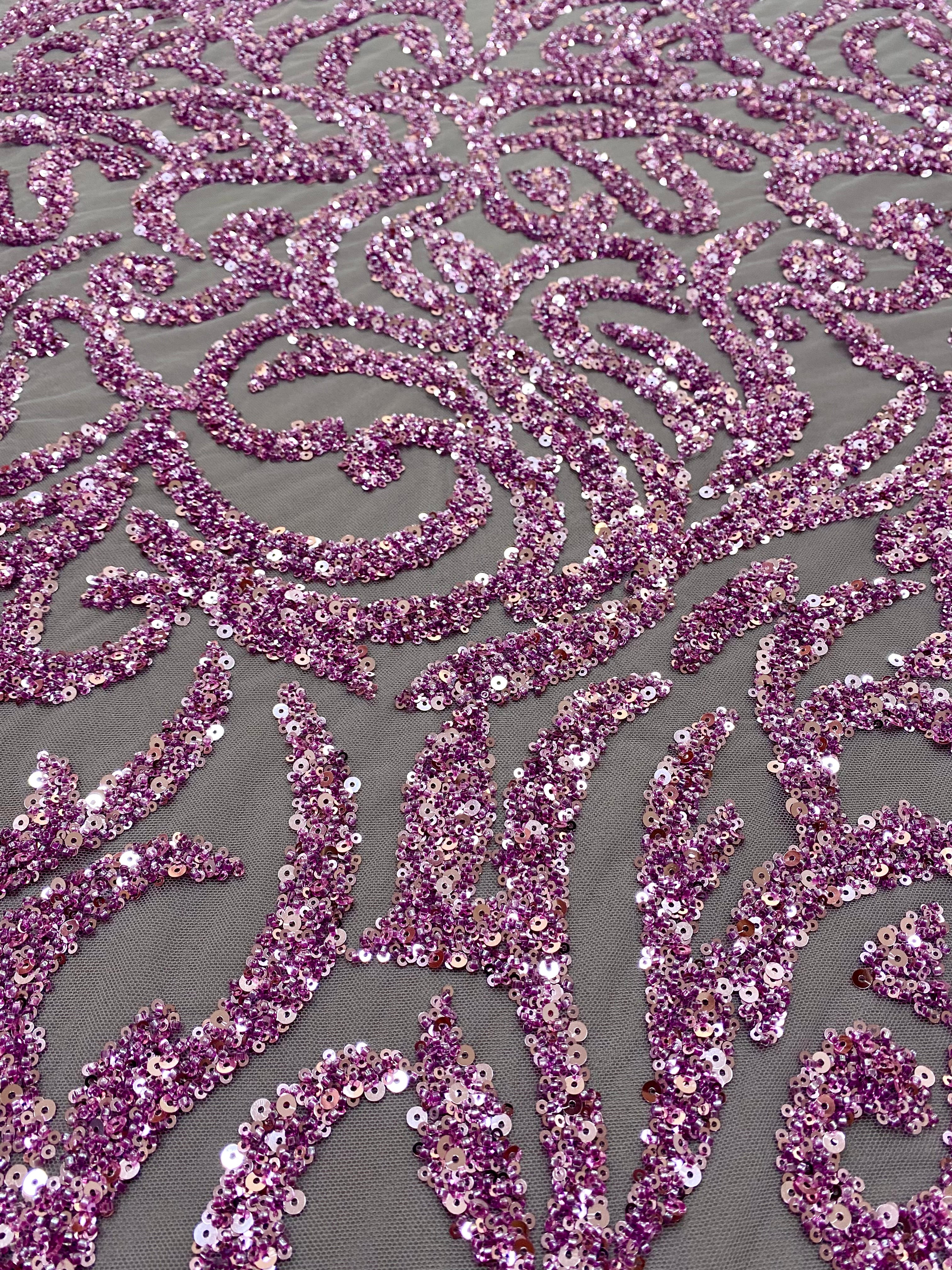 Dantela Couture Lavanda Pudrata cu Model Geometric, cu Margele si Paiete