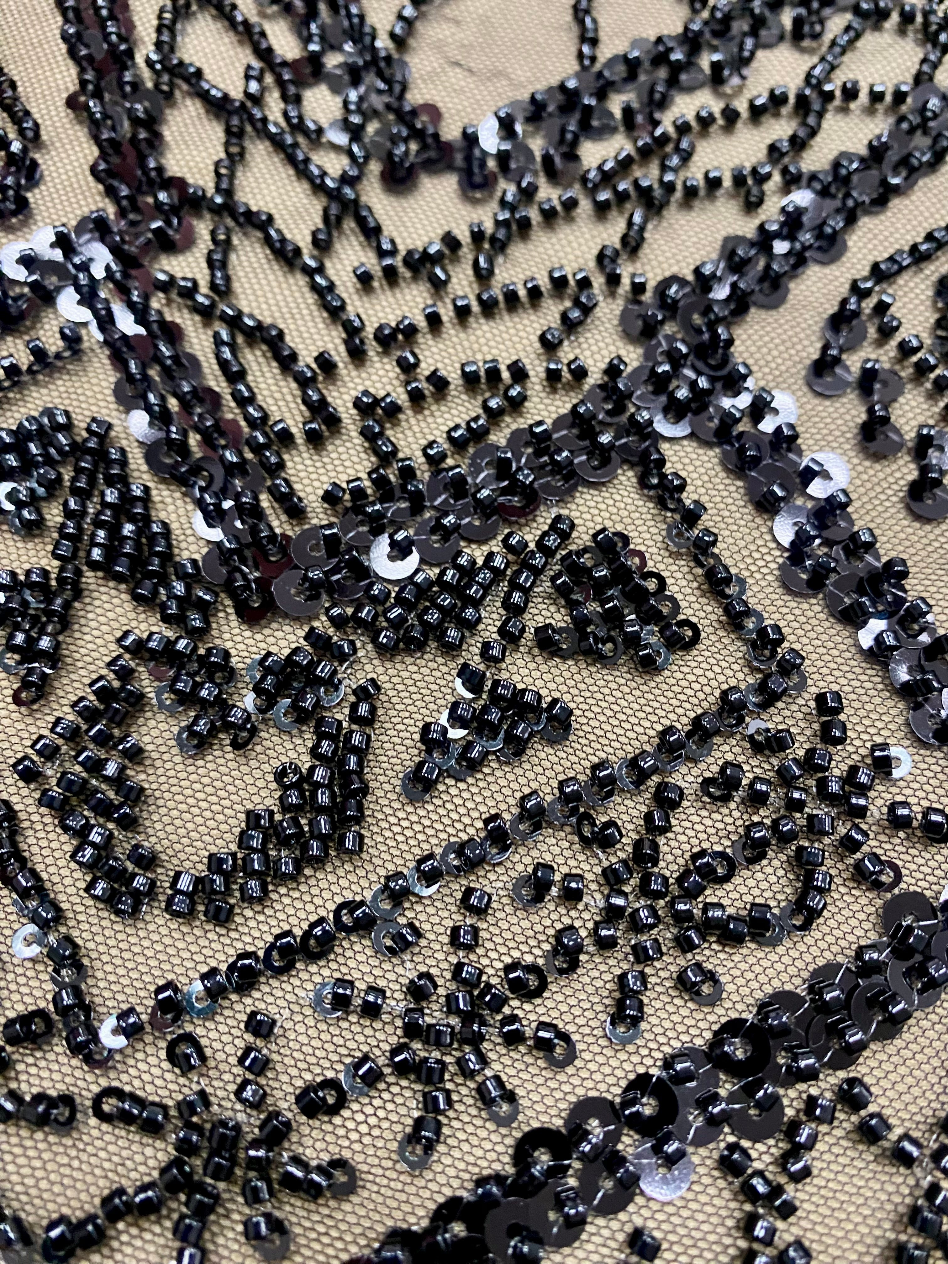 Black Couture Lace with Geometric Pattern, Beads and Sequins