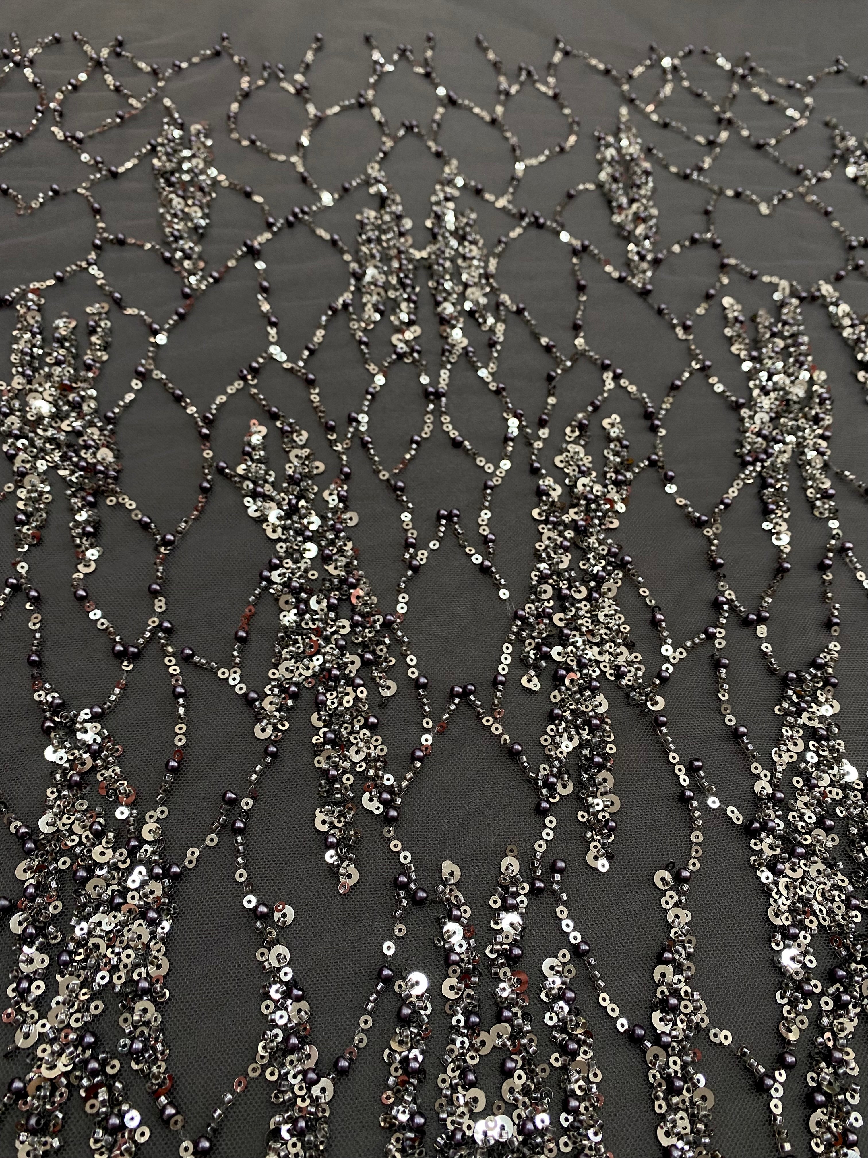 Silver Lace with Linear Pattern, with Pearls and Sequins