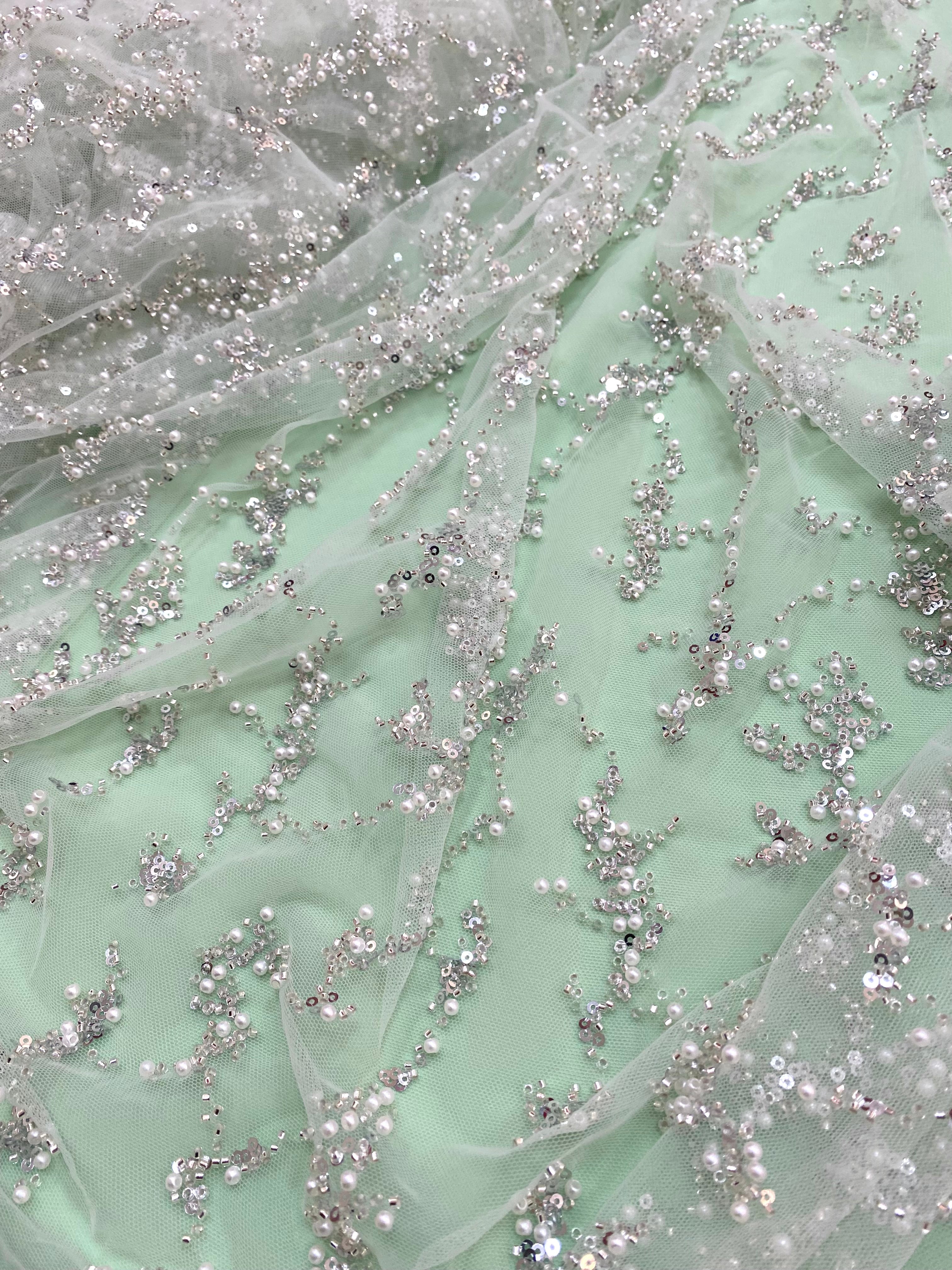 Silver Couture Lace on Mint Green Tulle with Pearls, Beads and Sequins