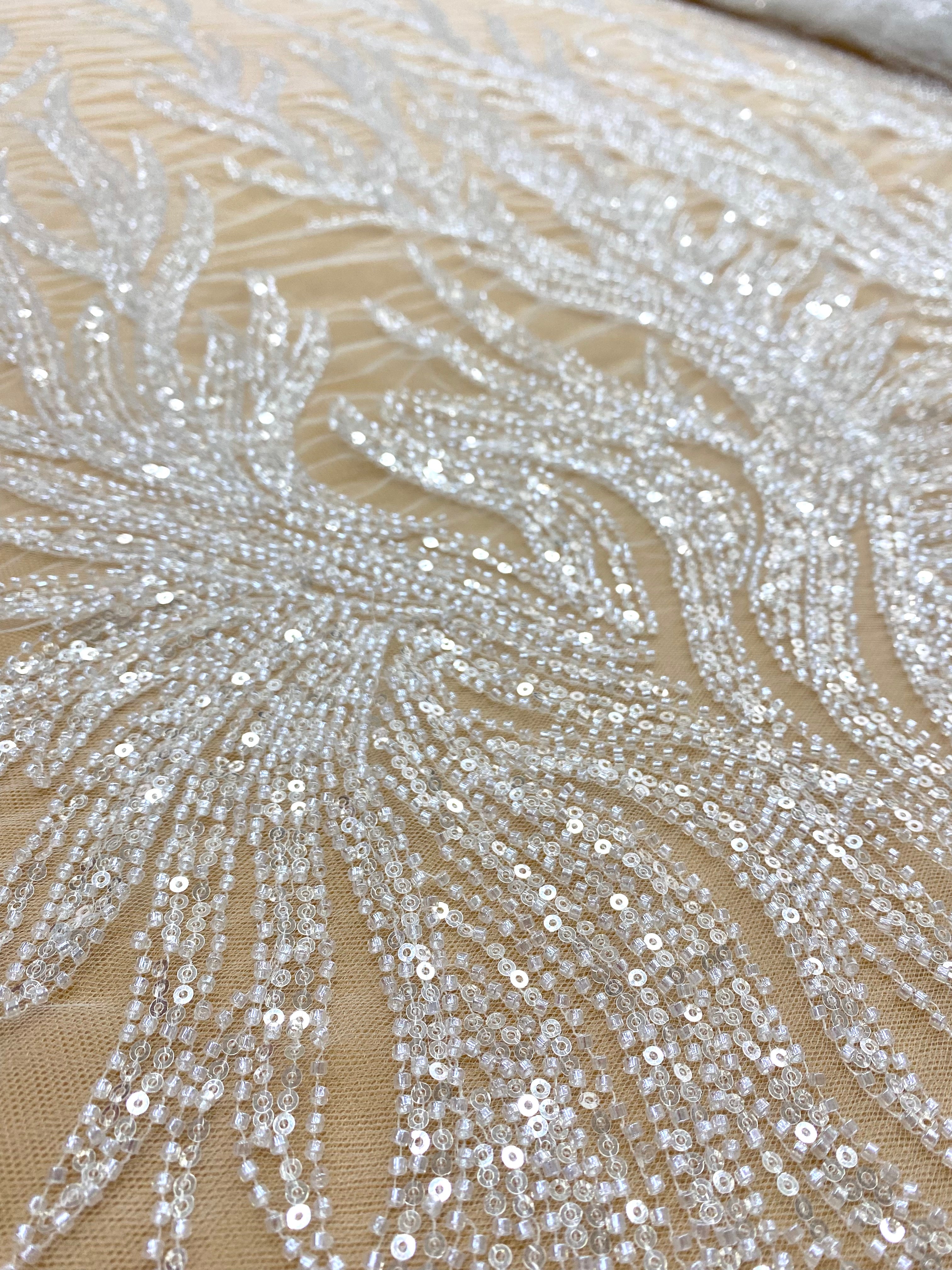 Silver Lace with Linear Pattern, with Pearls and Sequins