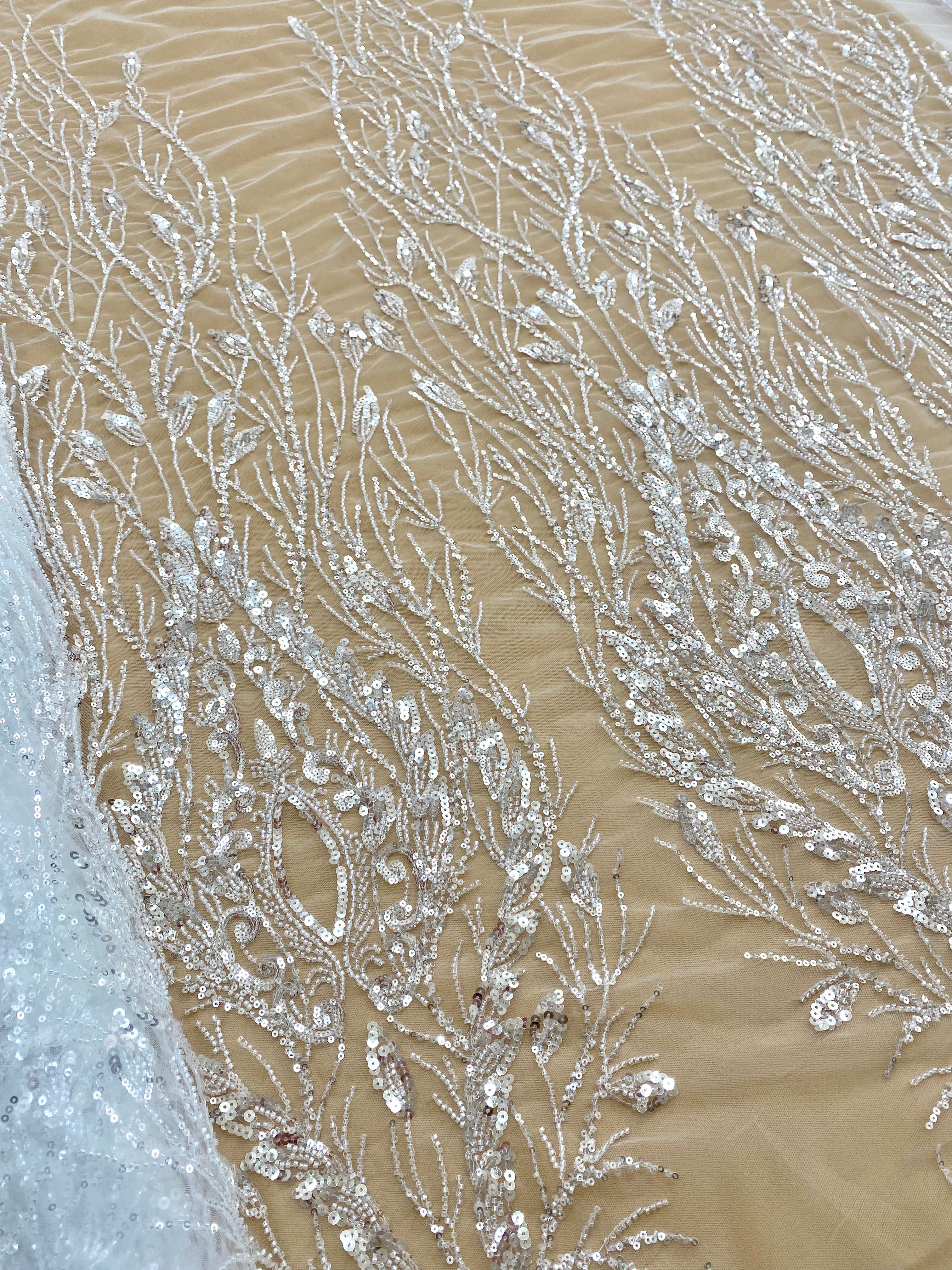 Silver Lace with Linear Pattern, with Pearls and Sequins