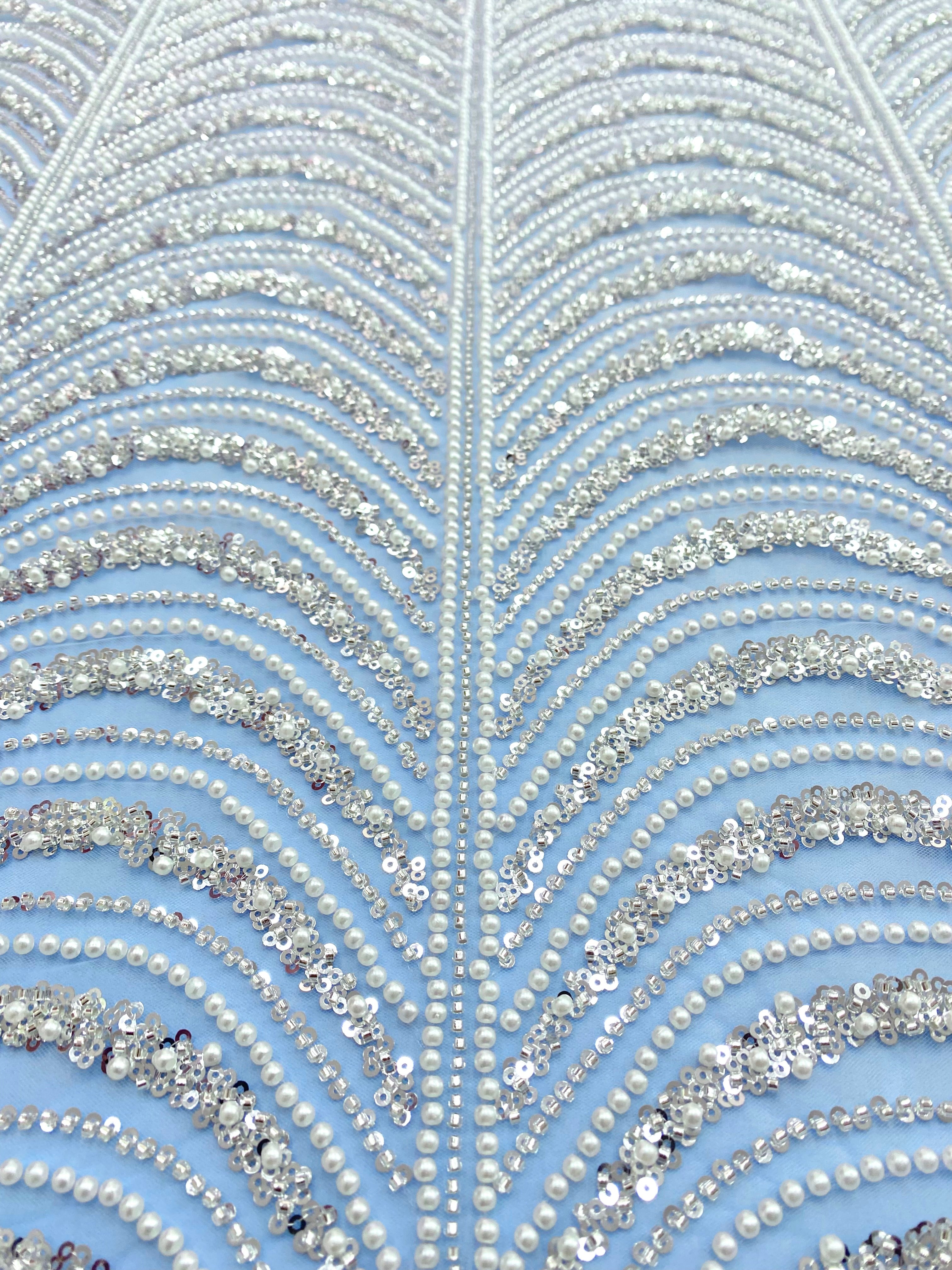 Silver Couture Lace on Blue Tulle, with Symmetrical Pattern, with Beads and Sequins 