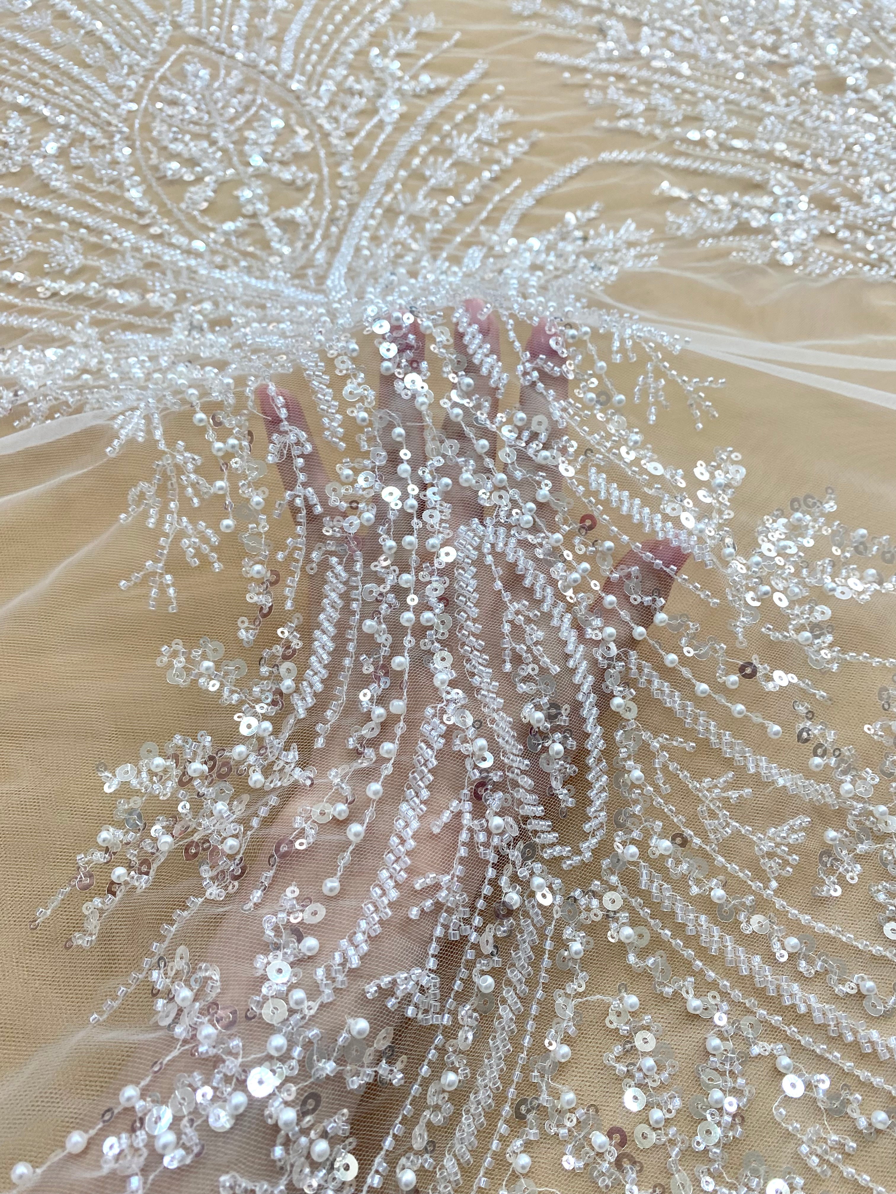 Silver Lace with Linear Pattern, with Pearls and Sequins