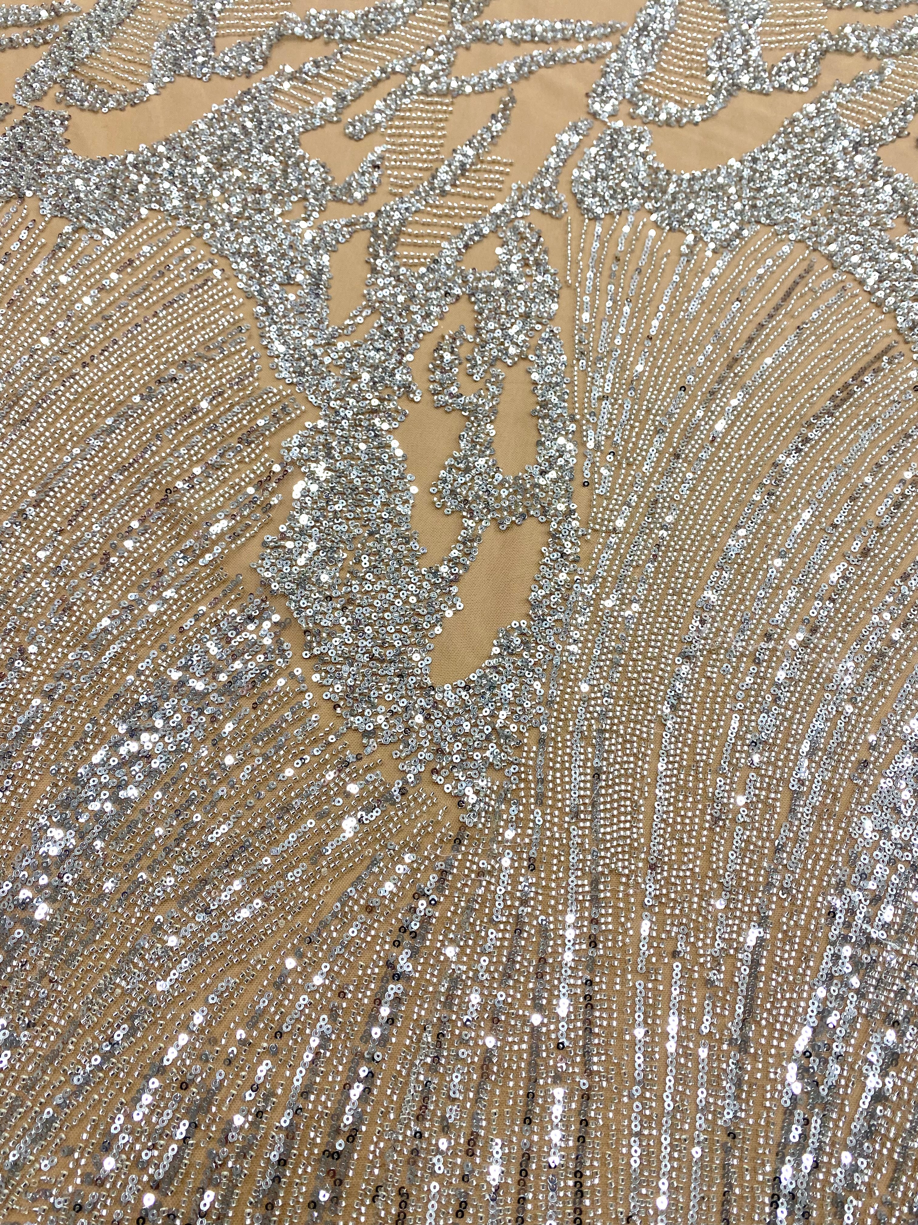 Silver Couture Lace on Nude Tulle with Geometric Pattern, Beads and Sequins