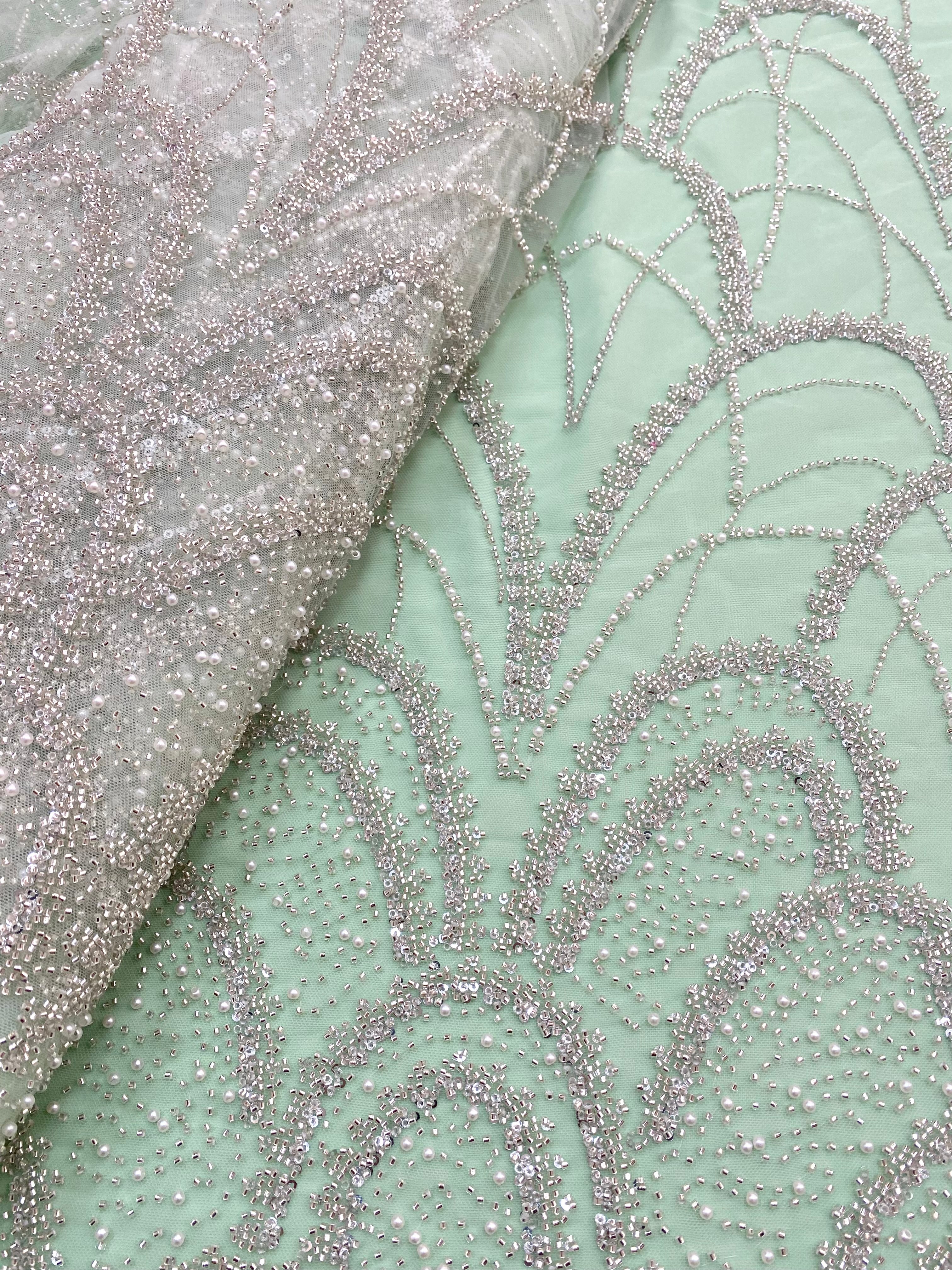 Silver Couture Lace on Mint Green Tulle with Geometric Pattern, with Pearls, Beads and Sequins