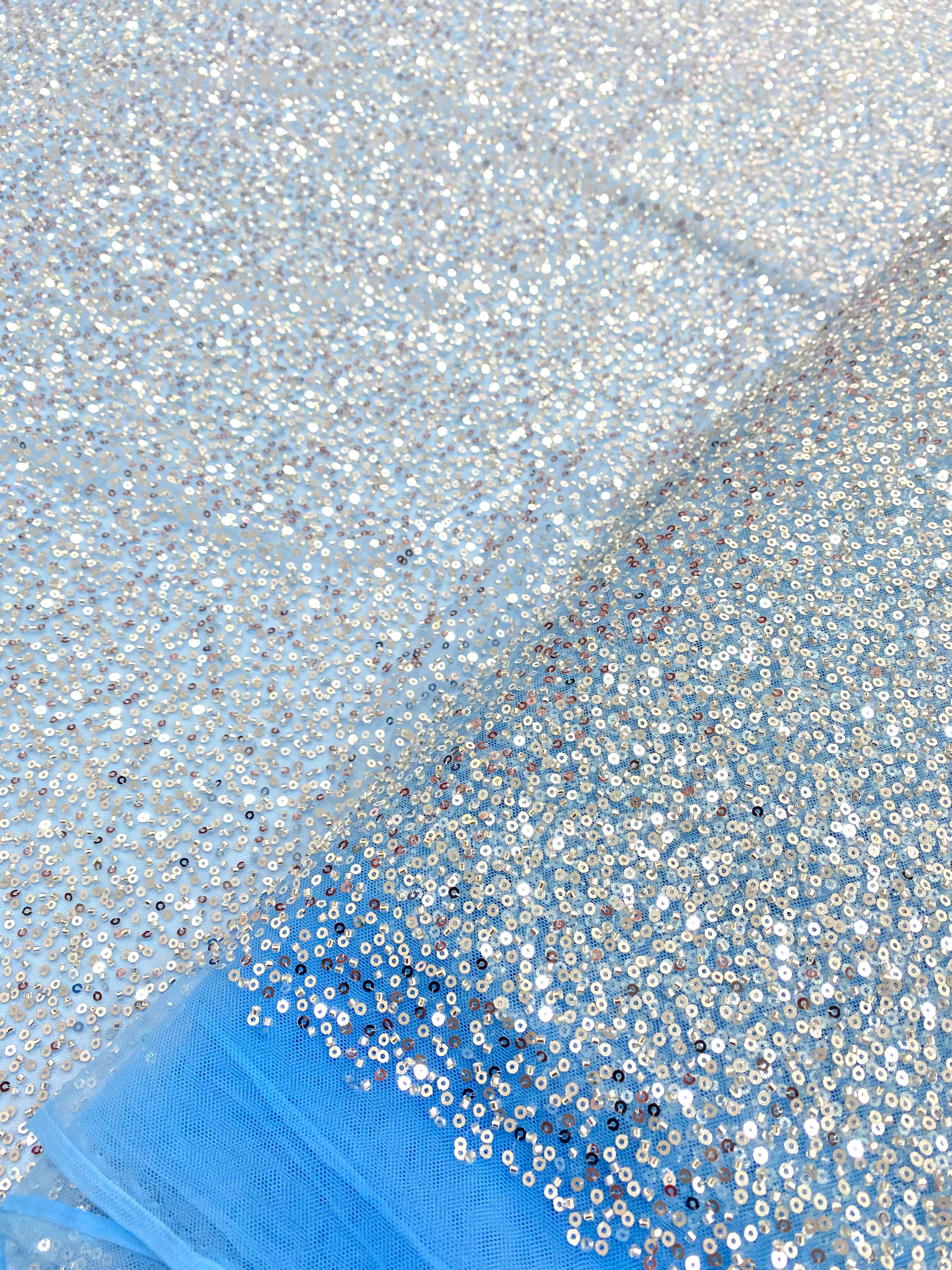 Silver Couture Lace on Blue Tulle, with Symmetrical Pattern, with Beads and Sequins 