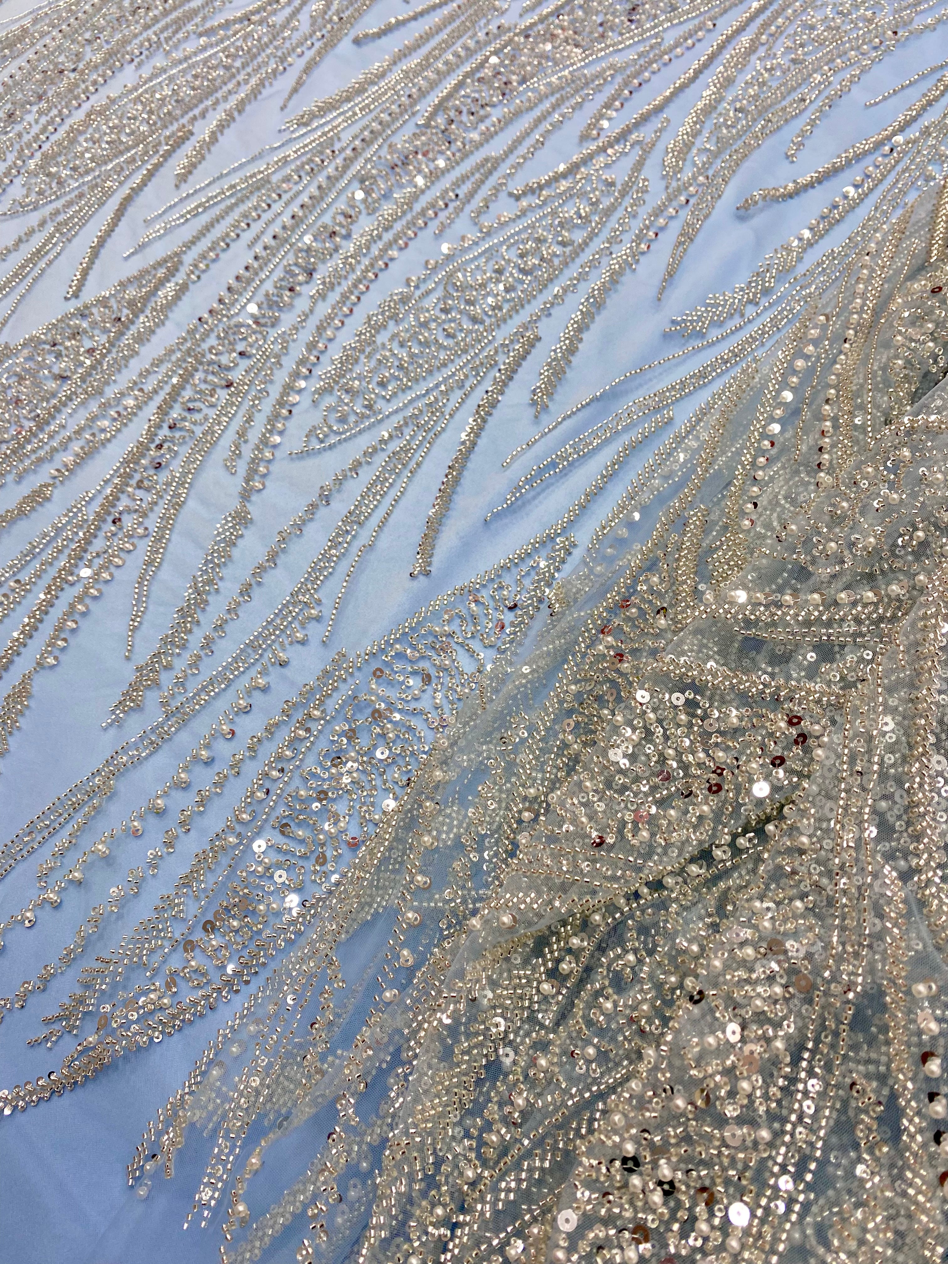 Silver Lace with Linear Pattern, with Pearls and Sequins