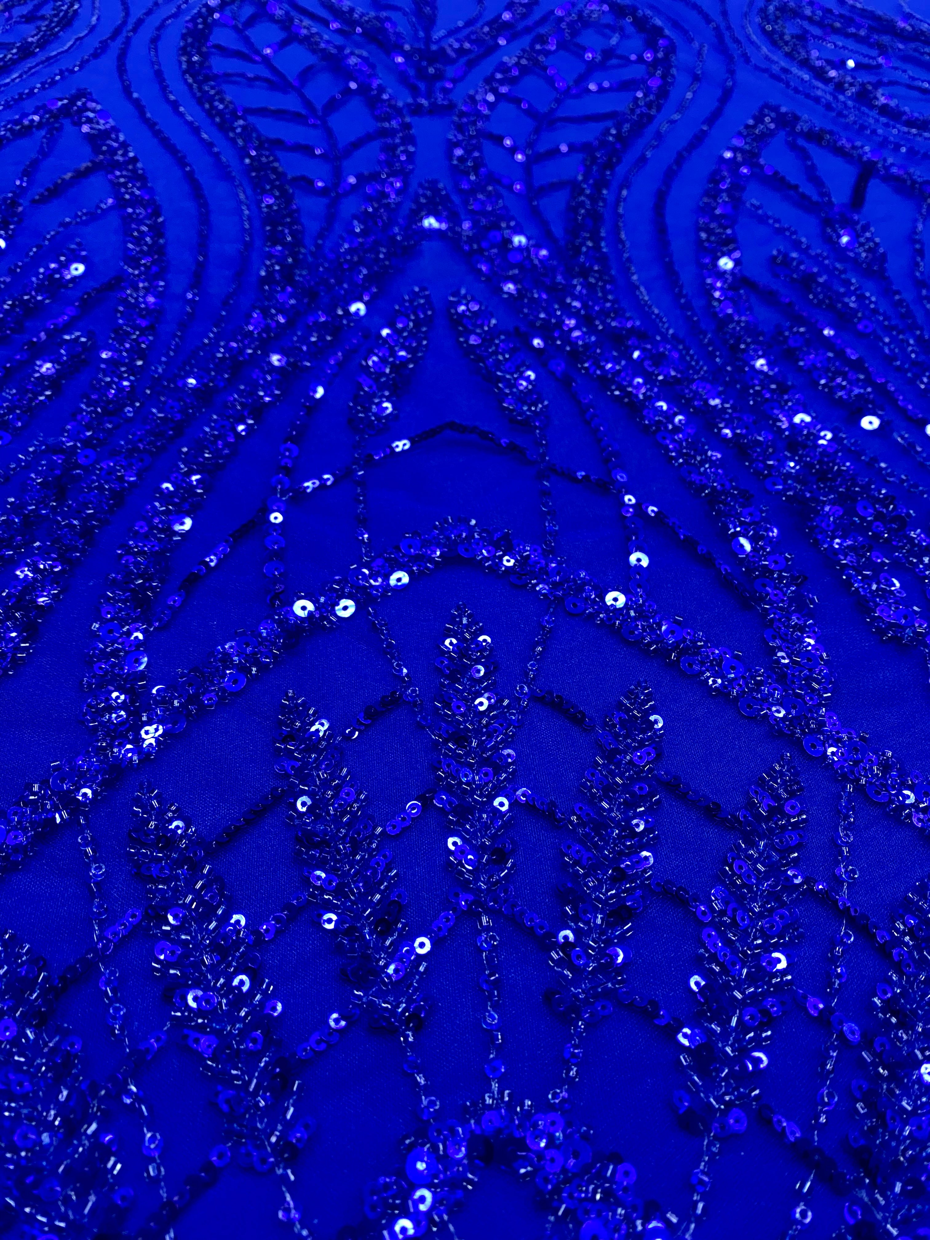 Dantela Couture Albastru Royal cu Model Geometric, cu Margele si Paiete