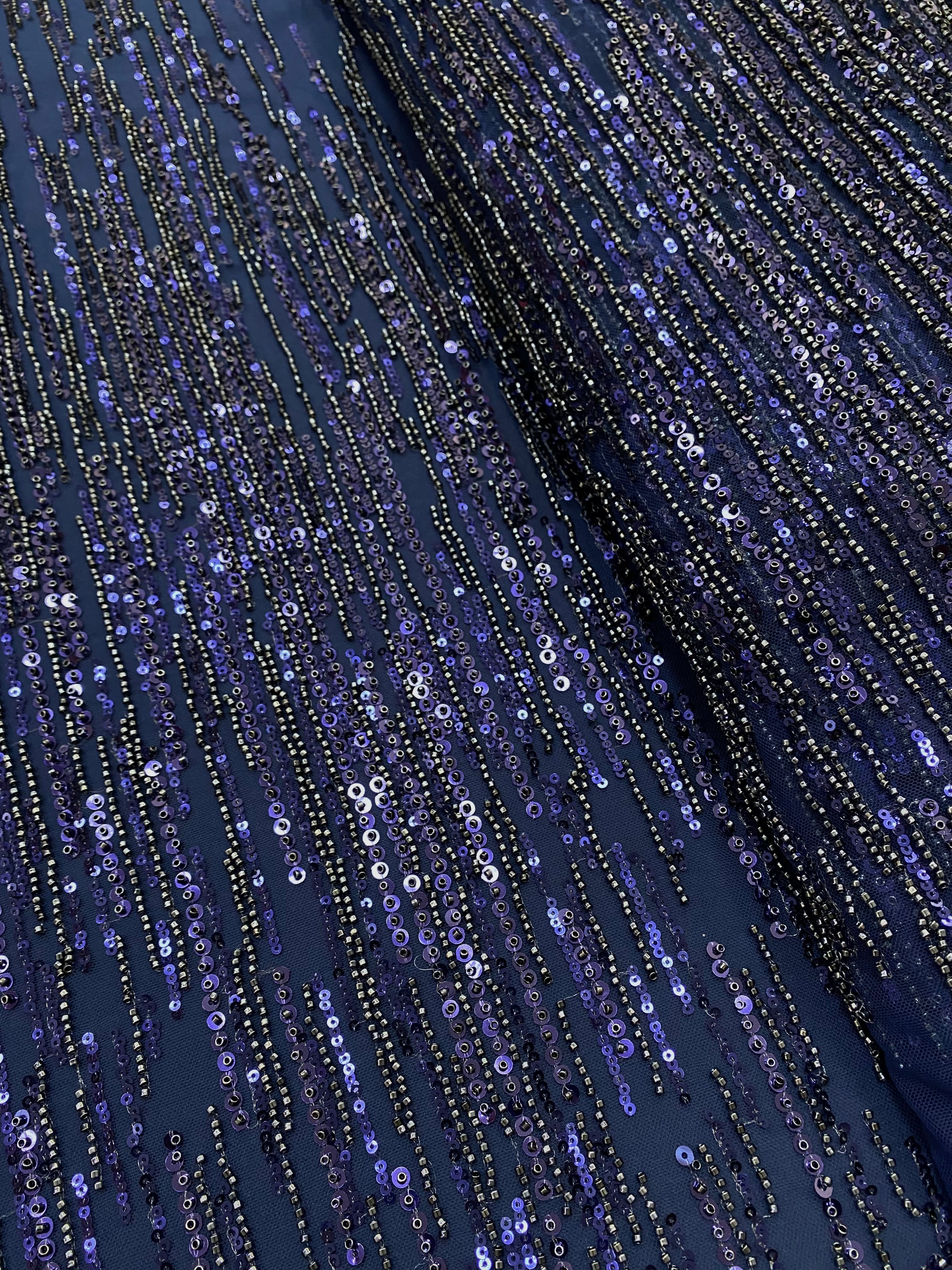 Navy Blue Couture Lace with Linear Pattern, Beads and Sequins