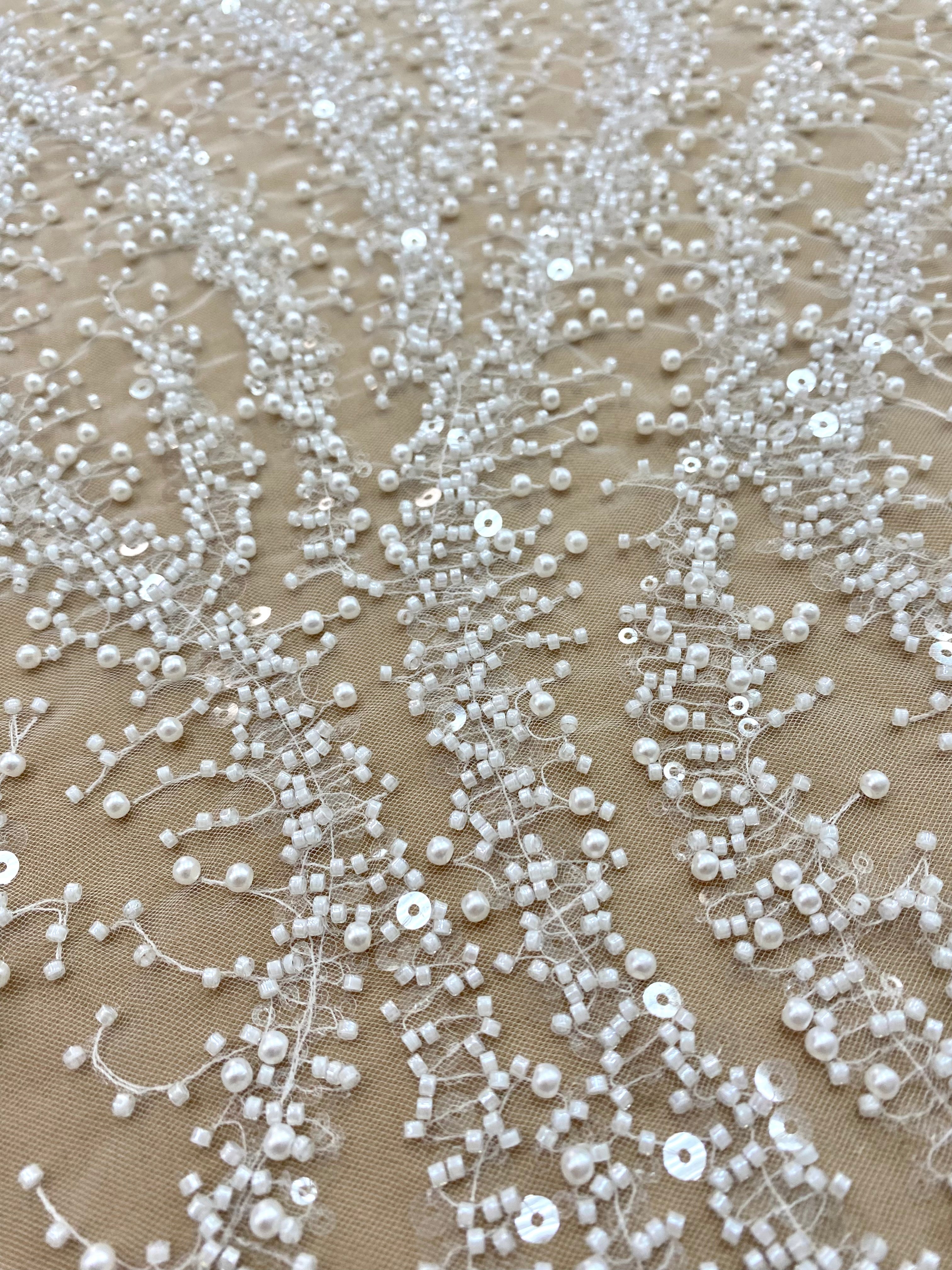 Silver Lace with Nude Tulle with Linear Pattern, Beads and Sequins