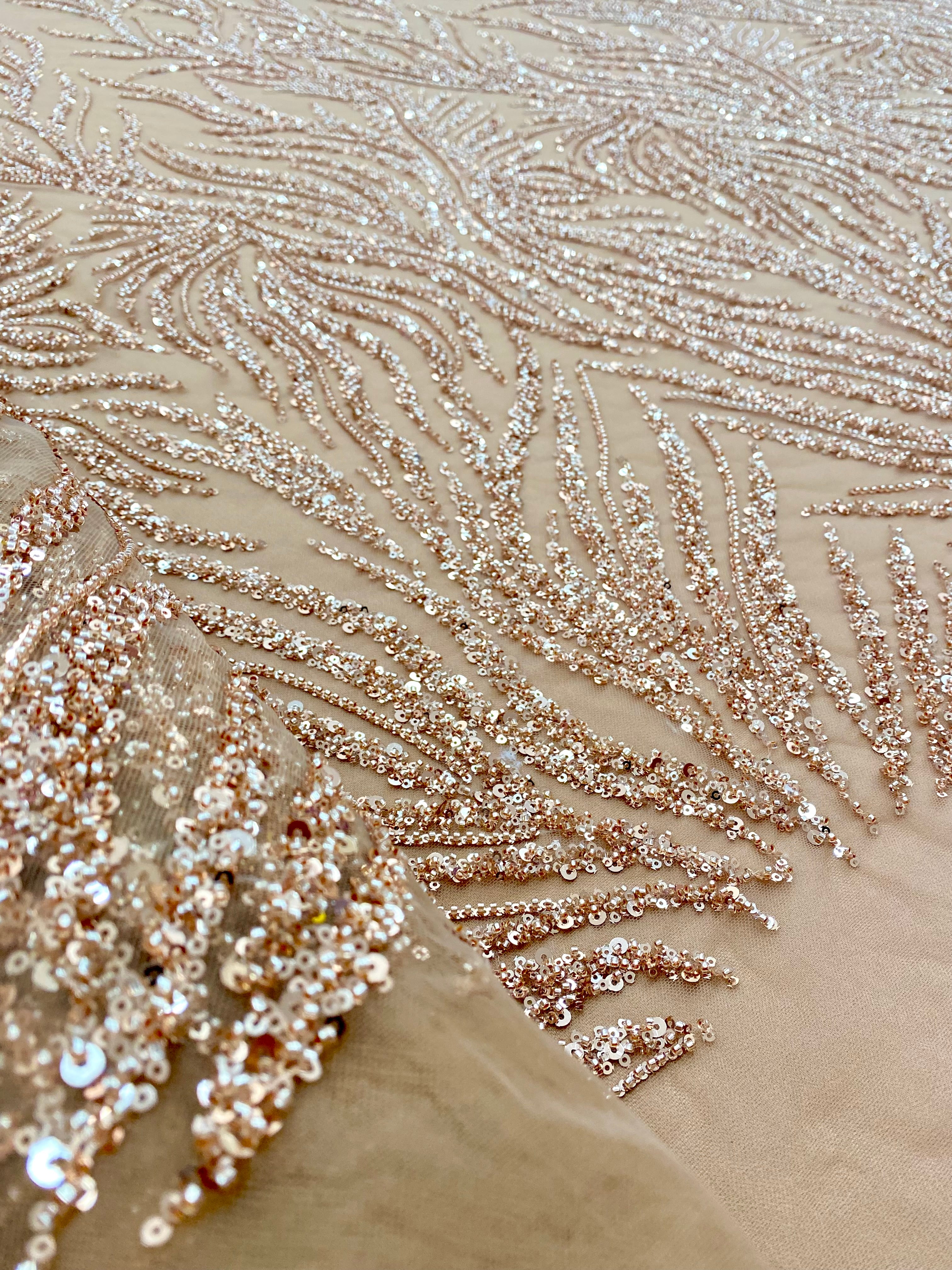 Rose Gold Couture Lace with Strings, Beads and Sequins