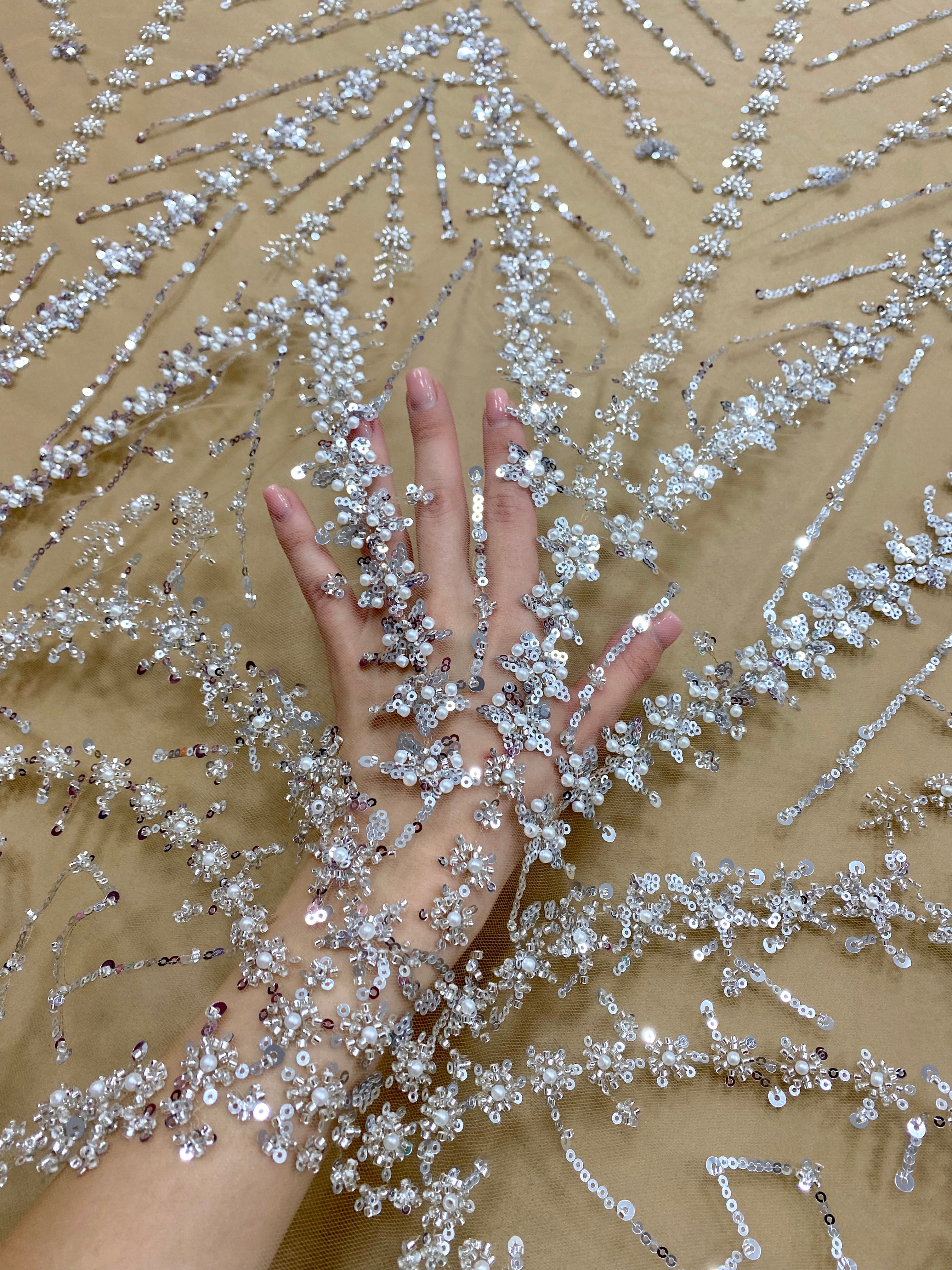 Silver Lace with Nude Tulle with Beads and Sequins