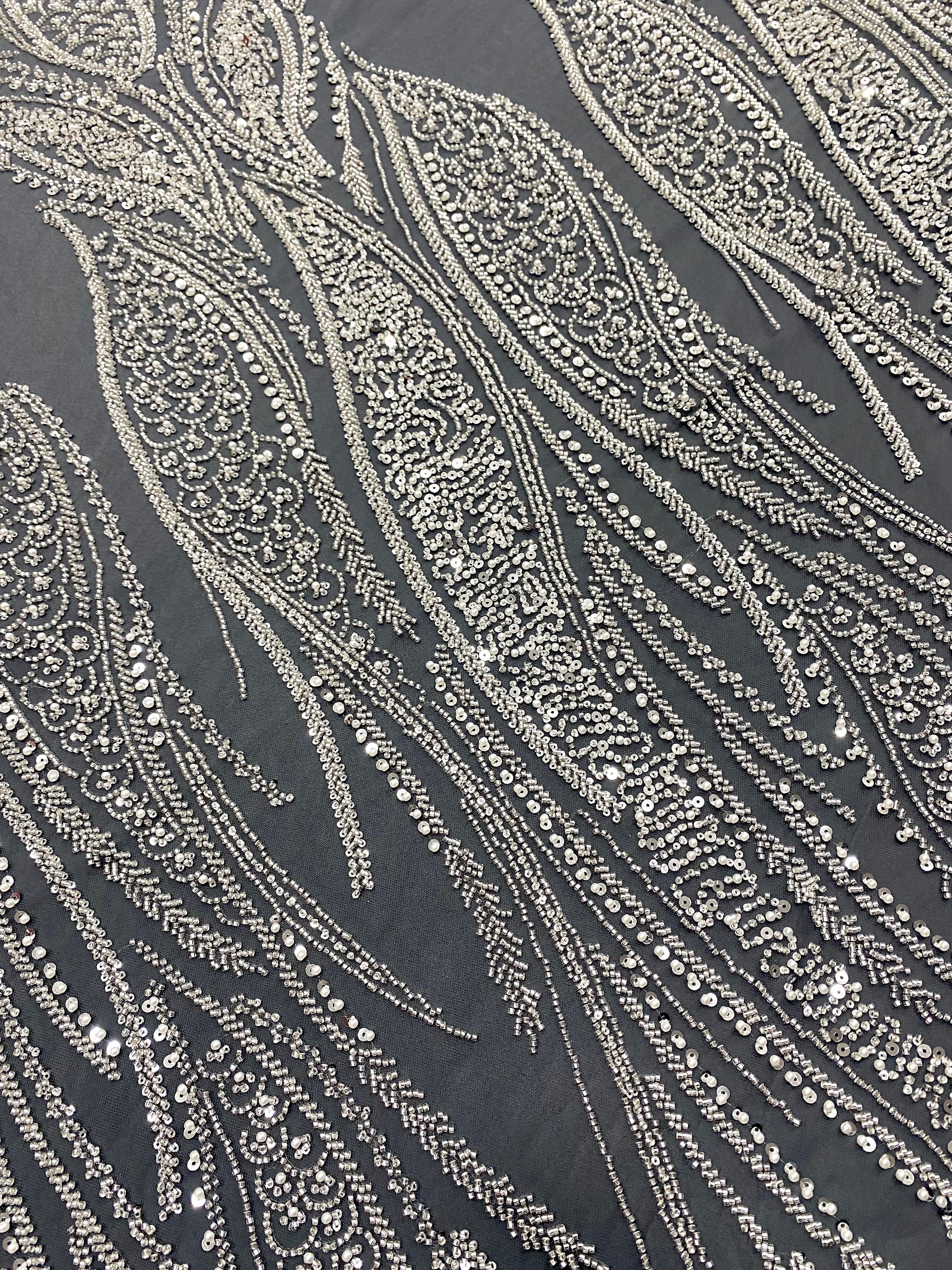 Silver Couture Lace on Anthracite Tulle with Panel, with Pearls, Beads and Sequins