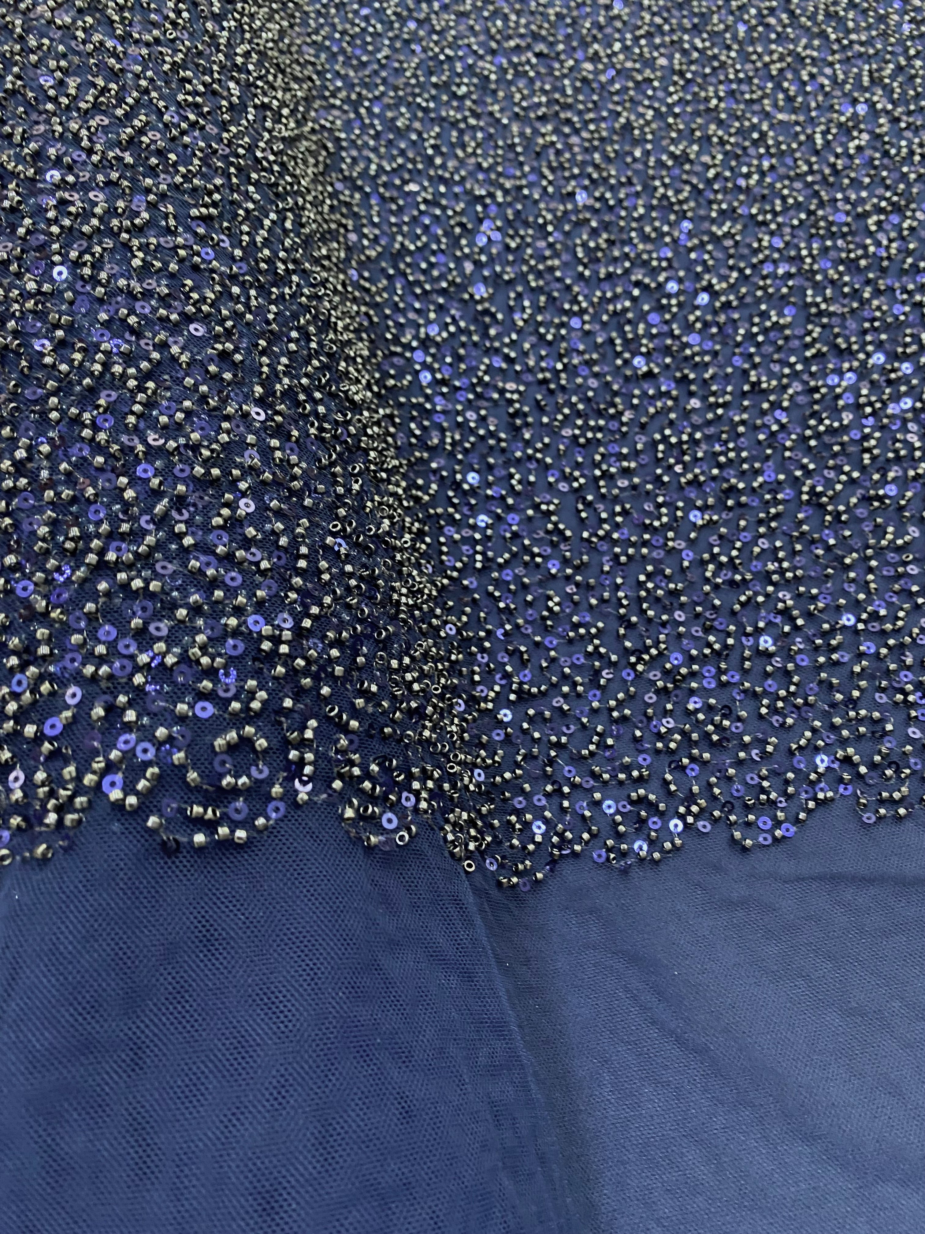 Navy Blue Couture Lace with General Pattern, with Beads and Sequins 