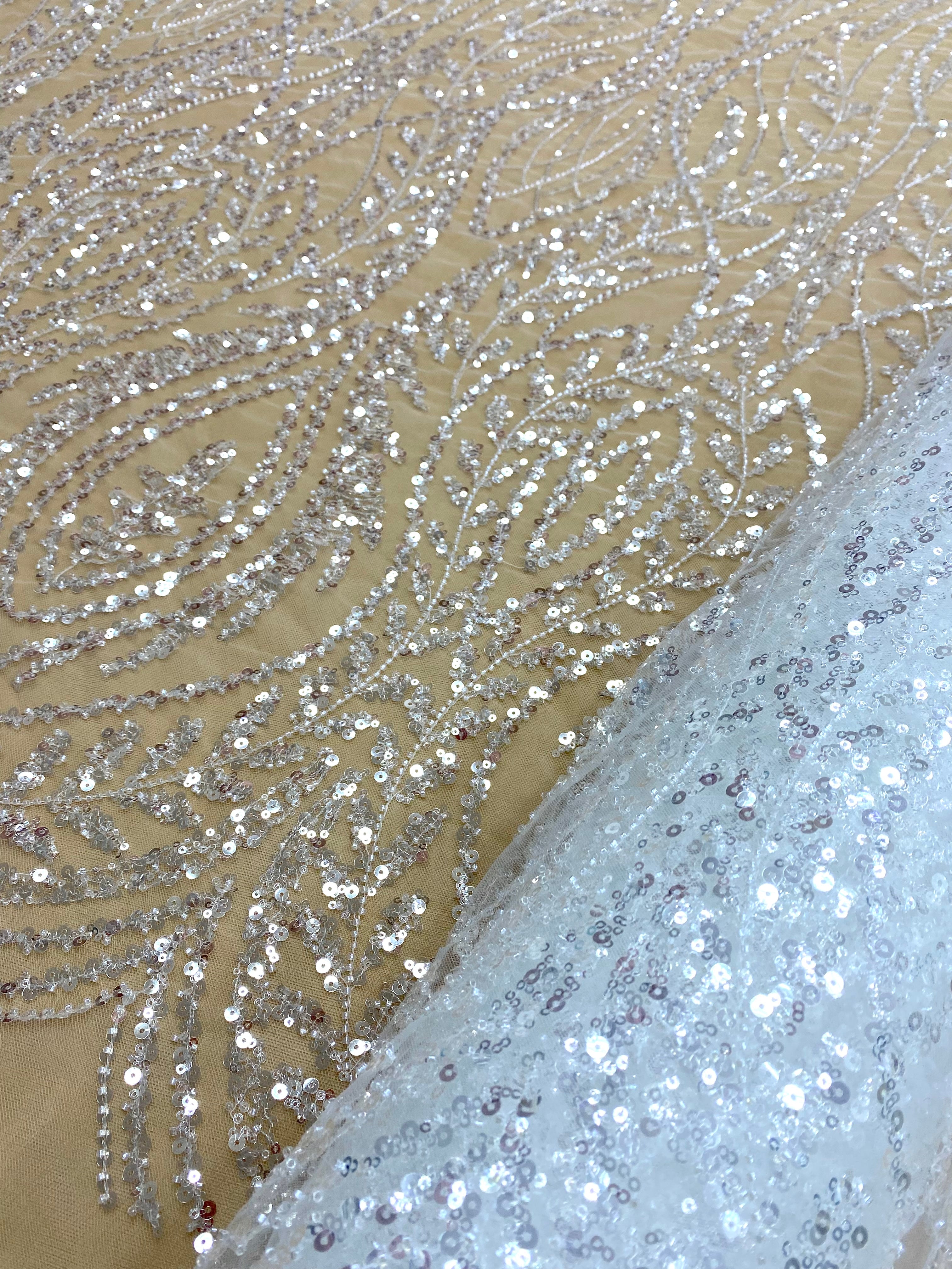 Silver Lace with Linear Pattern, with Pearls and Sequins