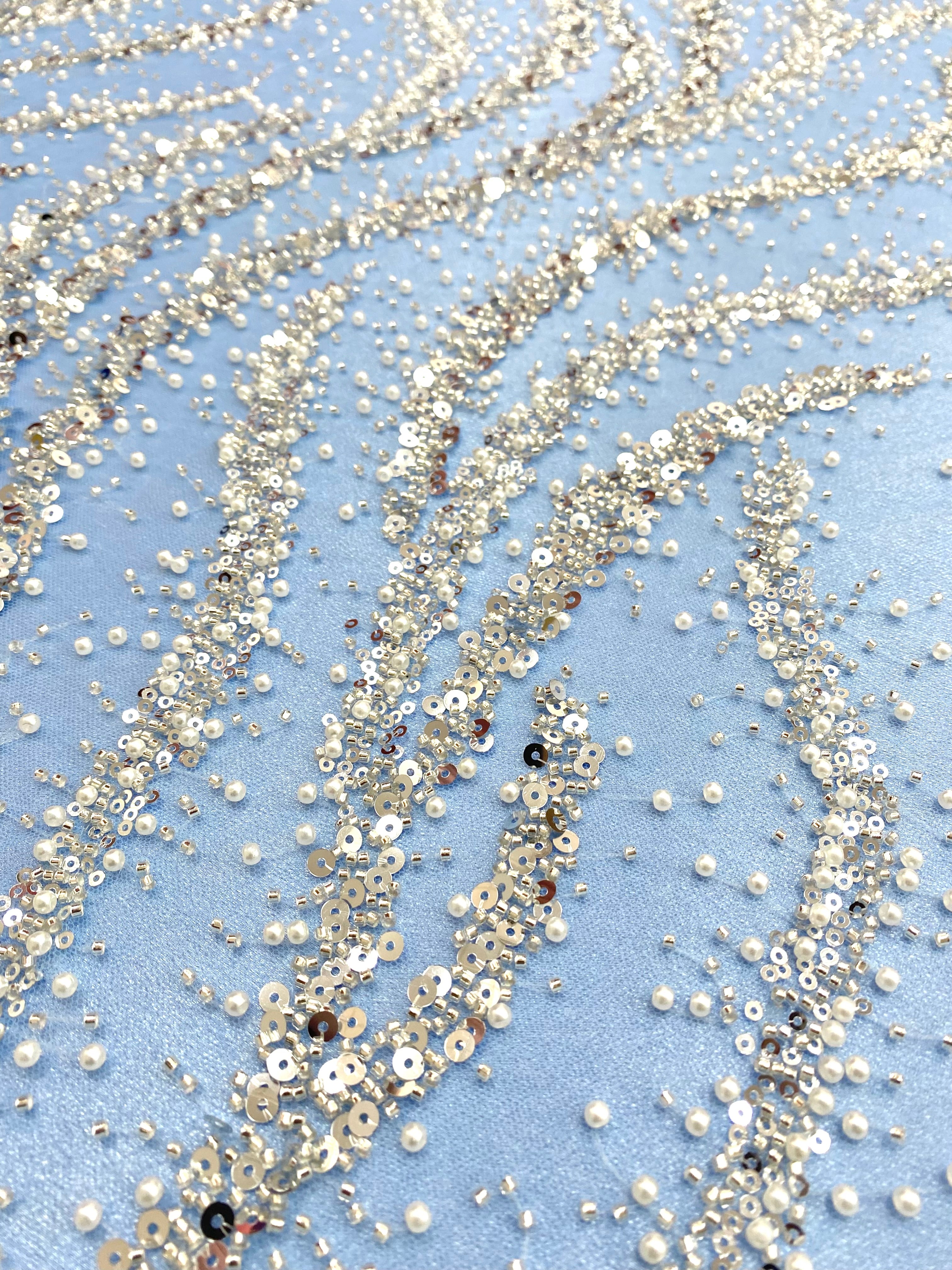 Silver Couture Lace on Blue Tulle with Pearls, Beads and Sequins 