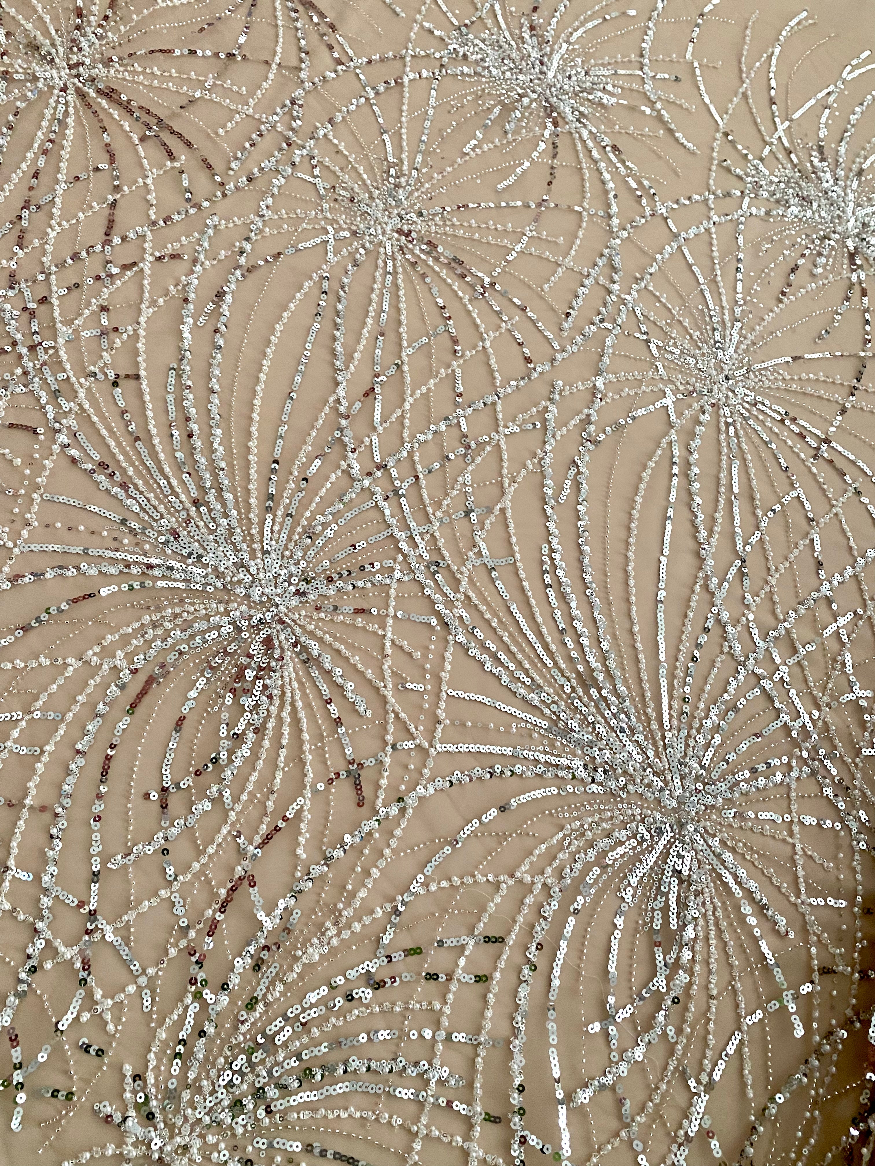 Silver Lace with Linear Pattern, with Pearls and Sequins