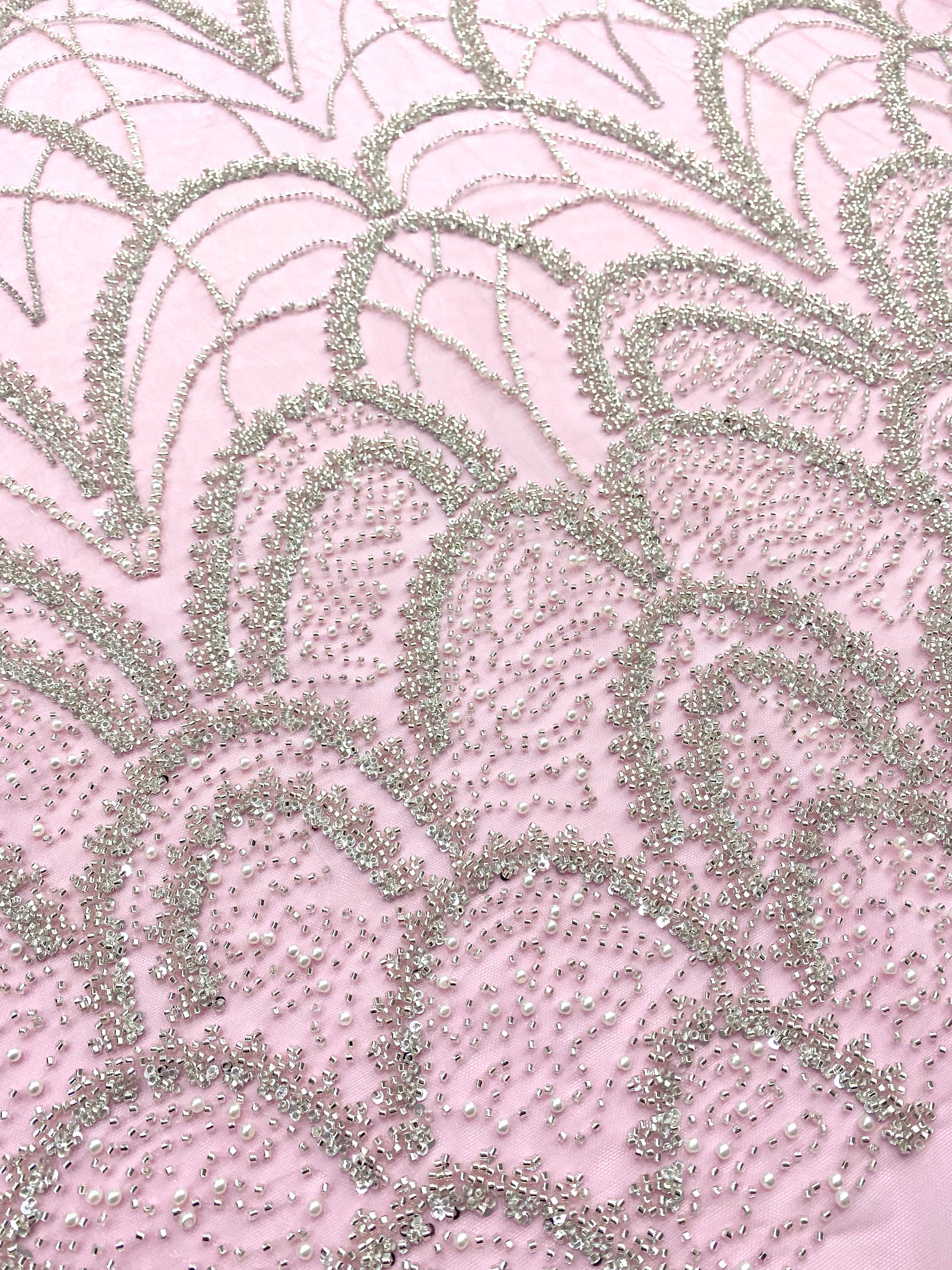 Silver Couture Lace on Pink Tulle with Geometric Pattern, with Pearls, Beads and Sequins