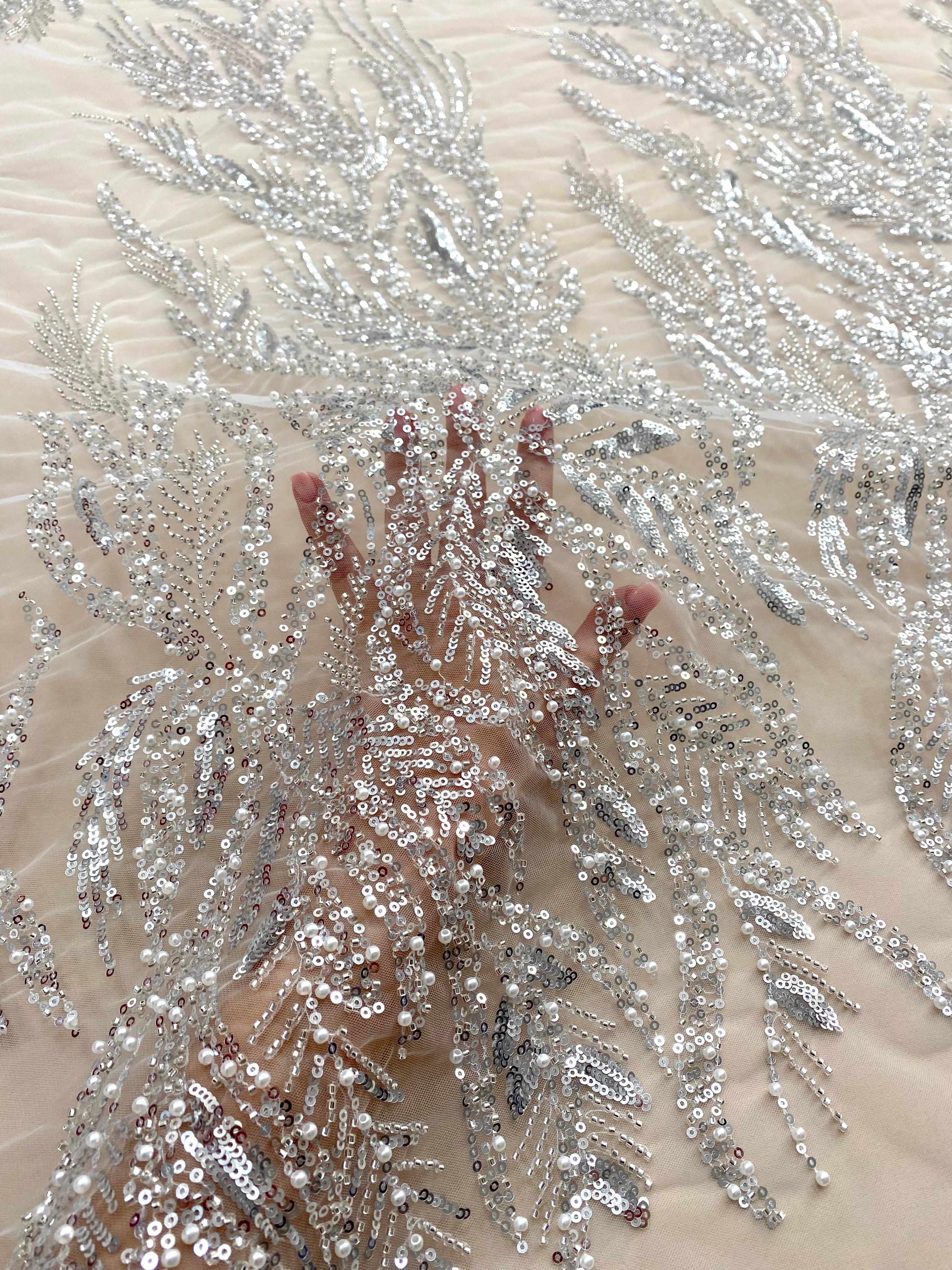 Silver Lace with Geometric Pattern, with Beads and Sequins