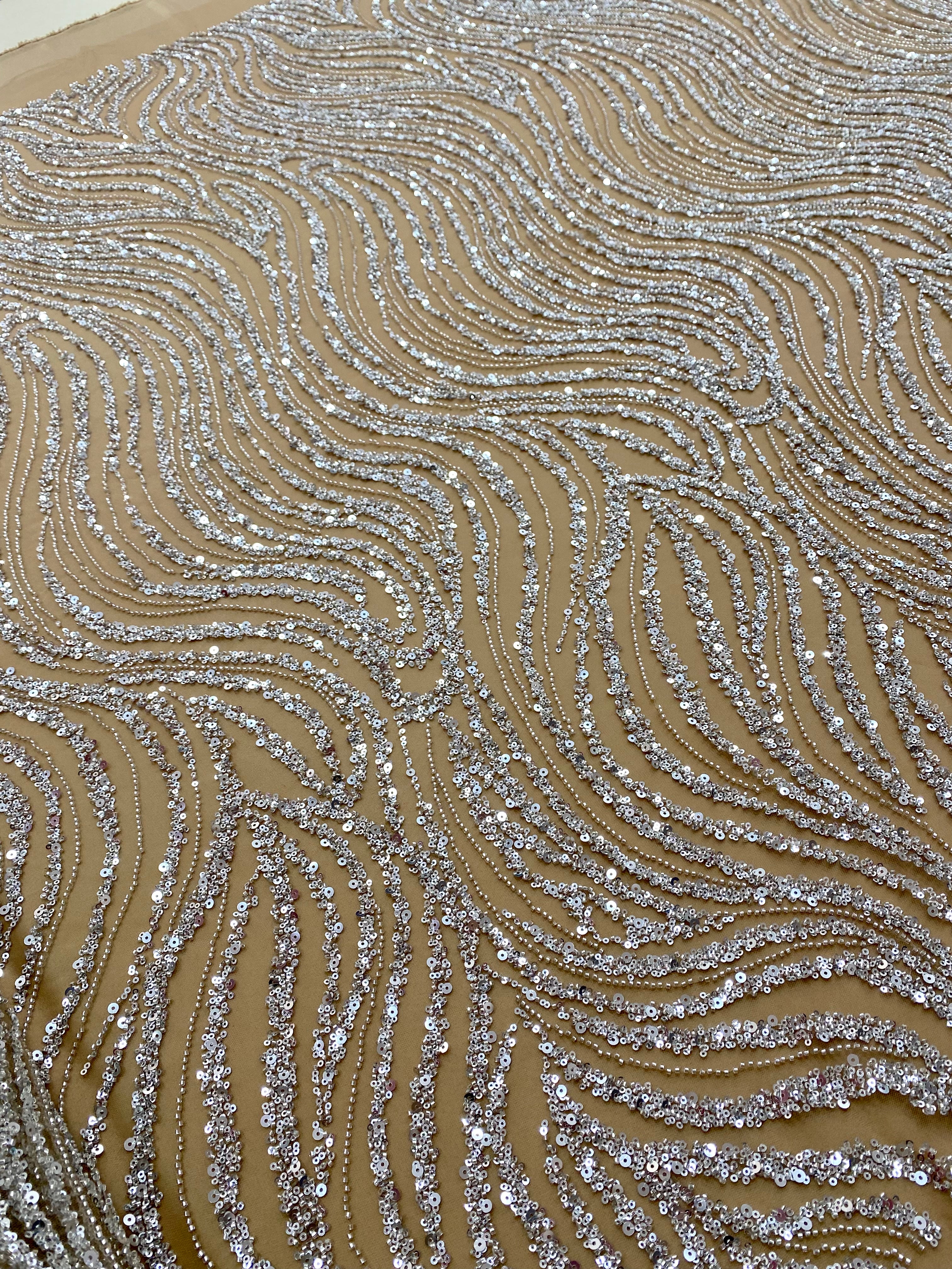 Silver Lace with Linear Pattern, with Pearls and Sequins