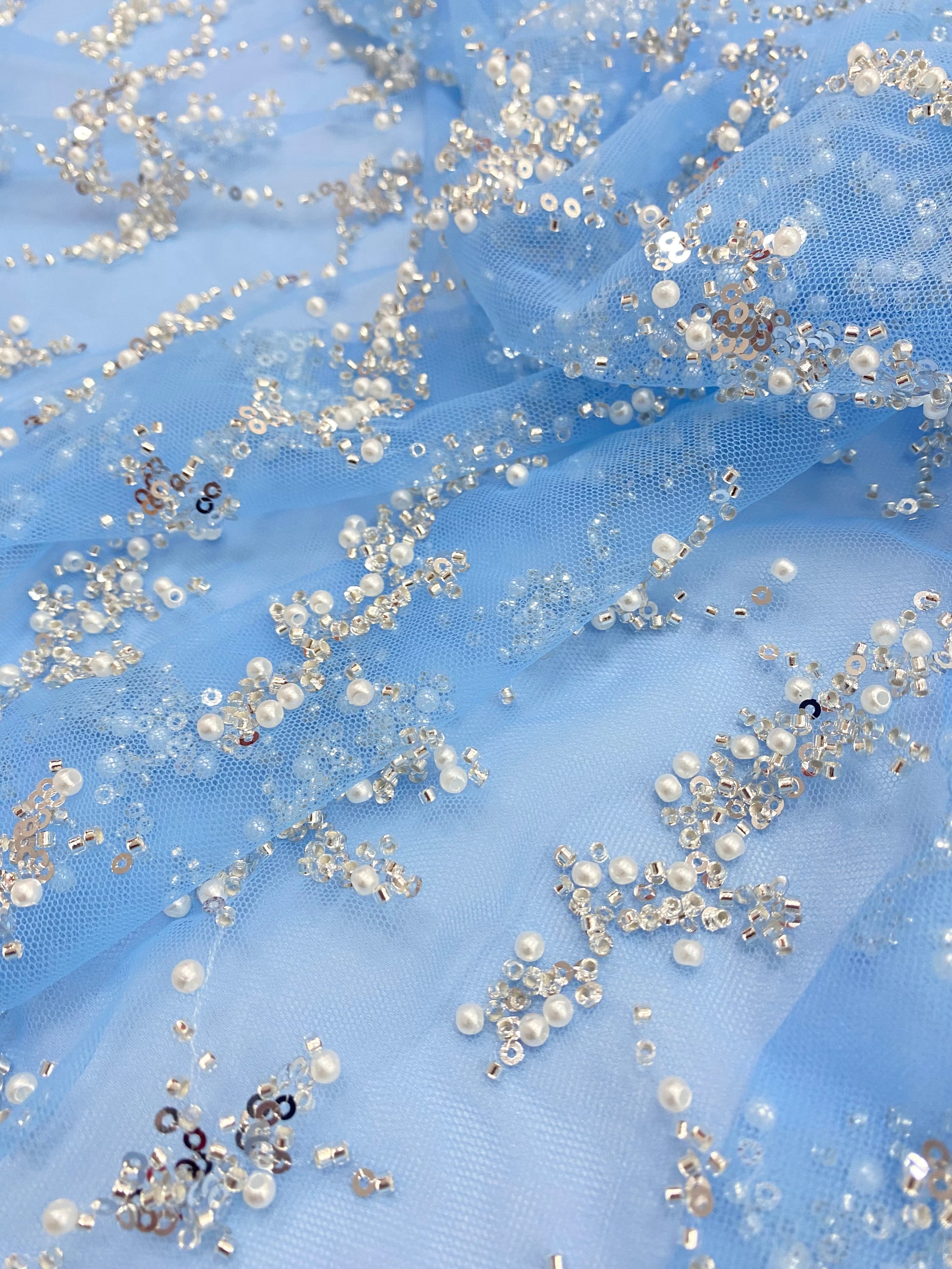 Silver Couture Lace on Blue Tulle, with Symmetrical Pattern, with Beads and Sequins 