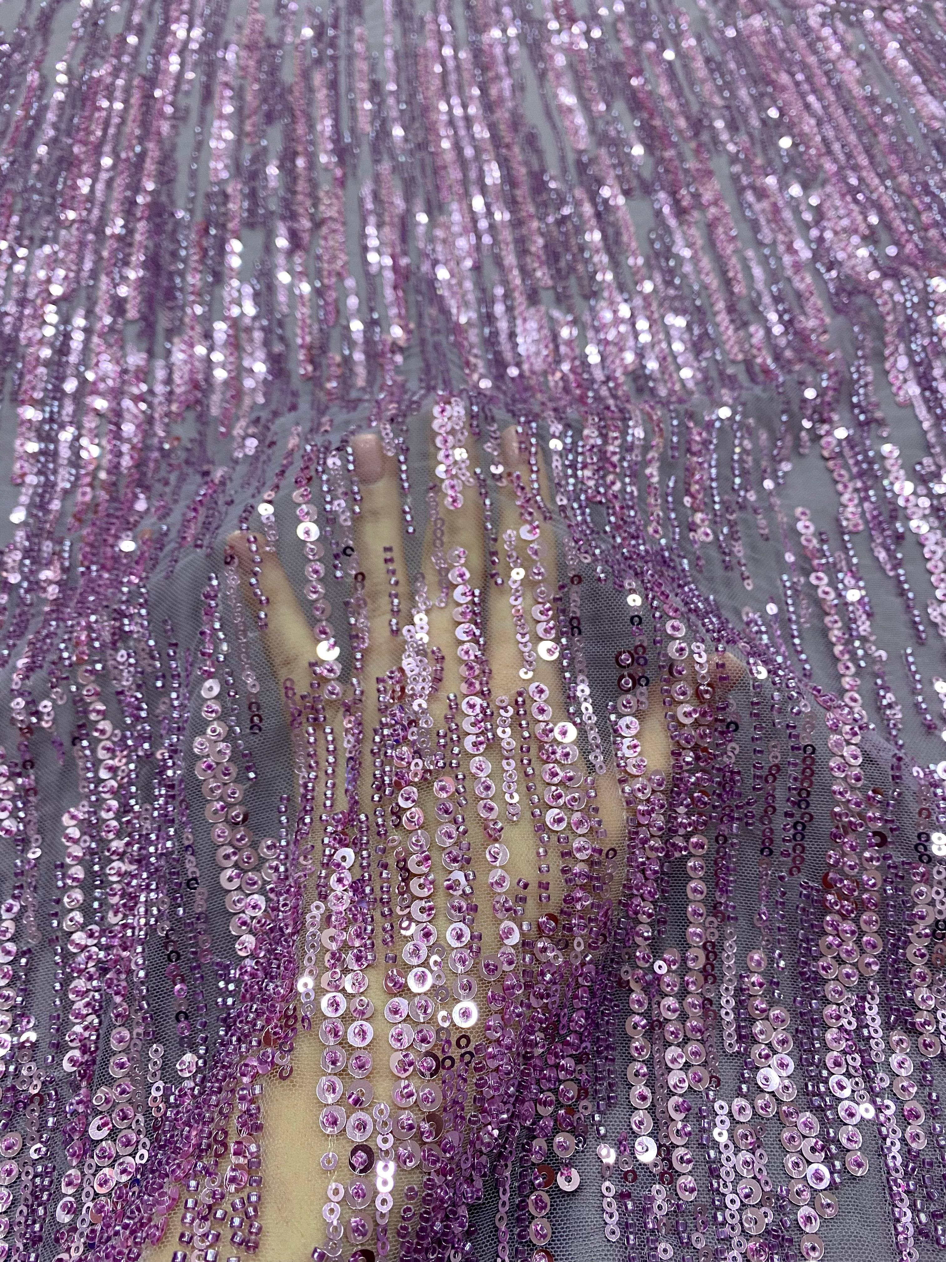 Powder Couture Lace with Linear Pattern, with Beads and Sequins
