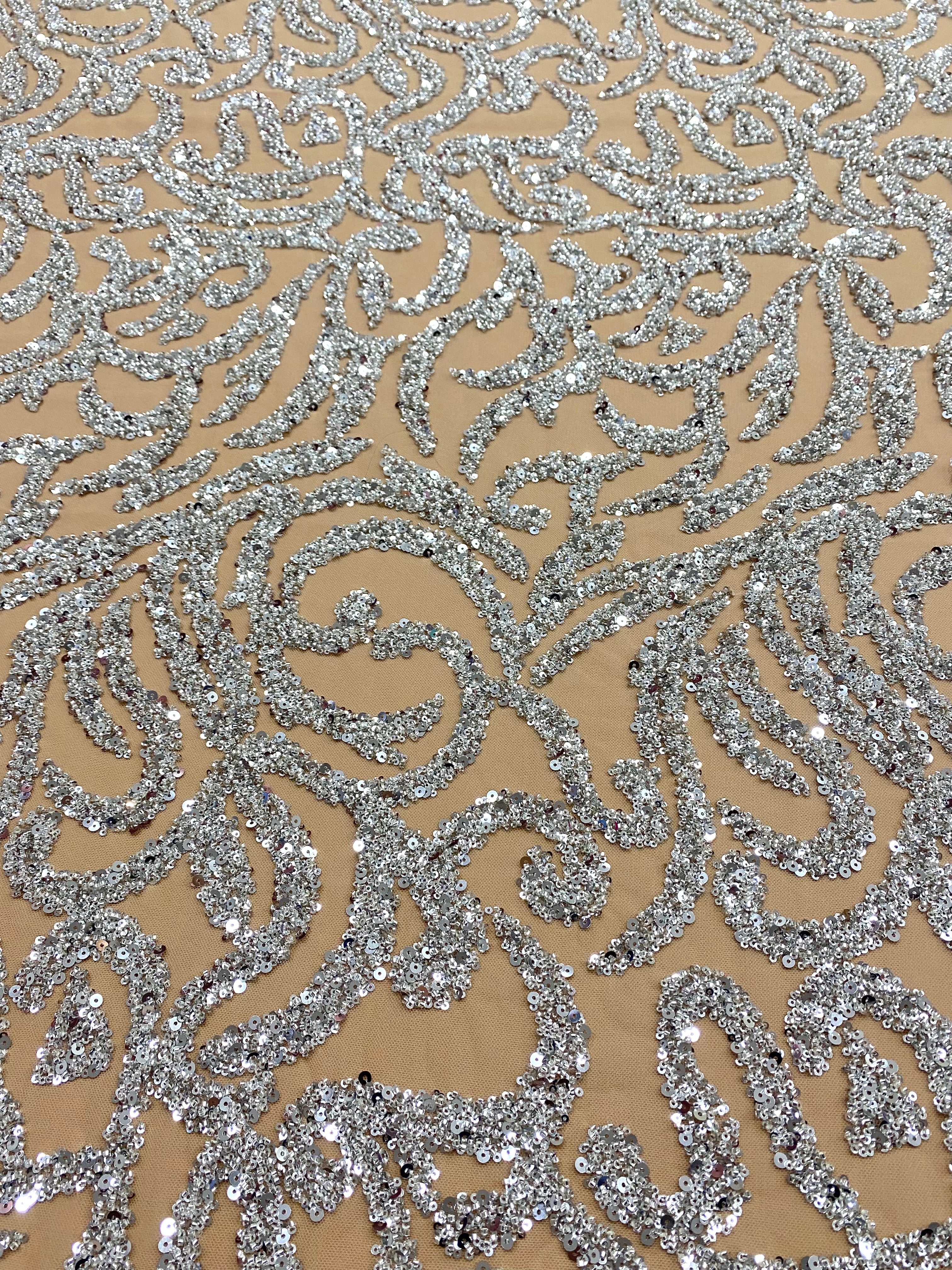 Silver Couture Lace on Nude Tulle with Beads and Sequins 