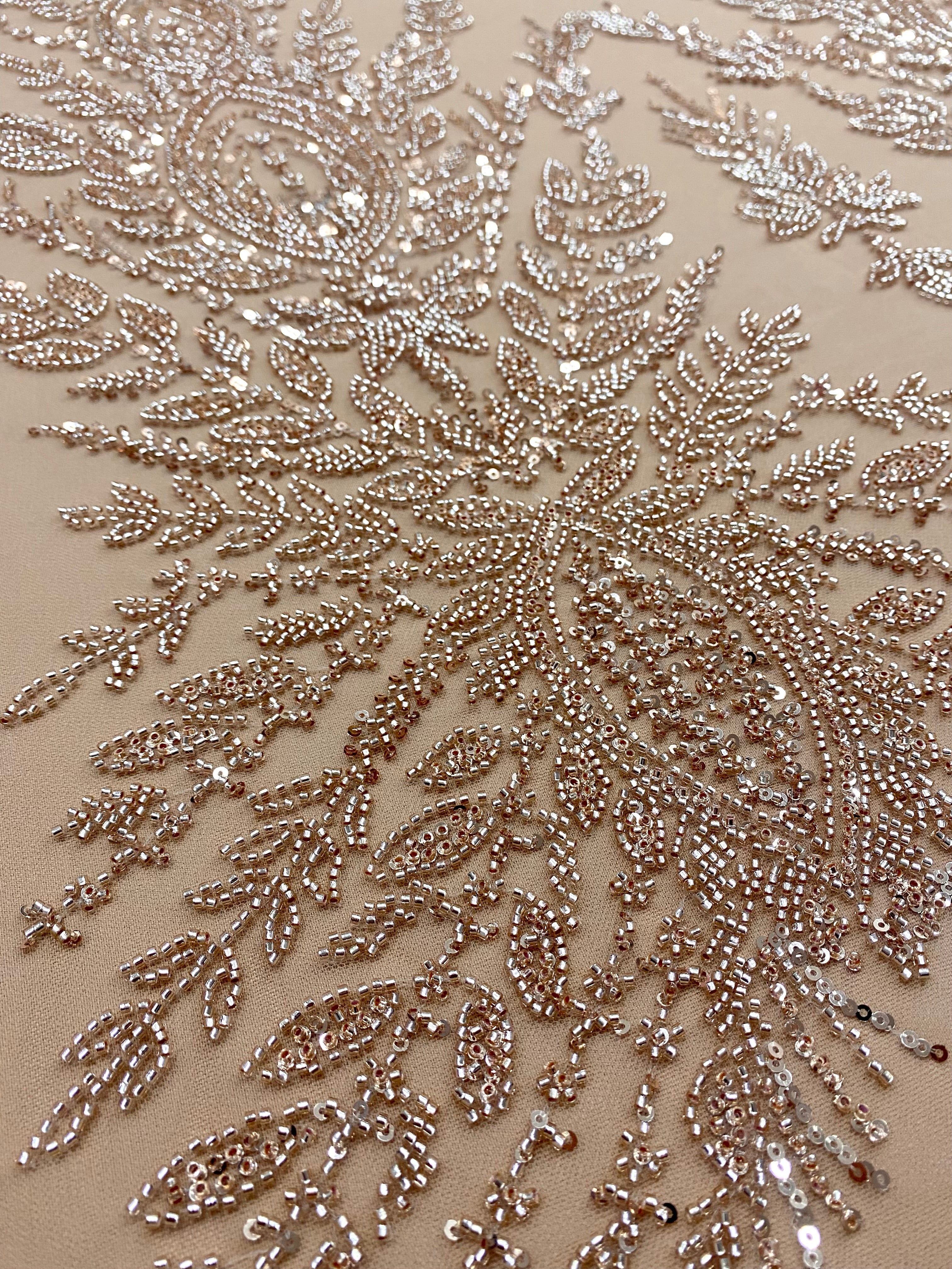 Rose Gold Couture Lace with Symmetrical Pattern, with Beads and Sequins 
