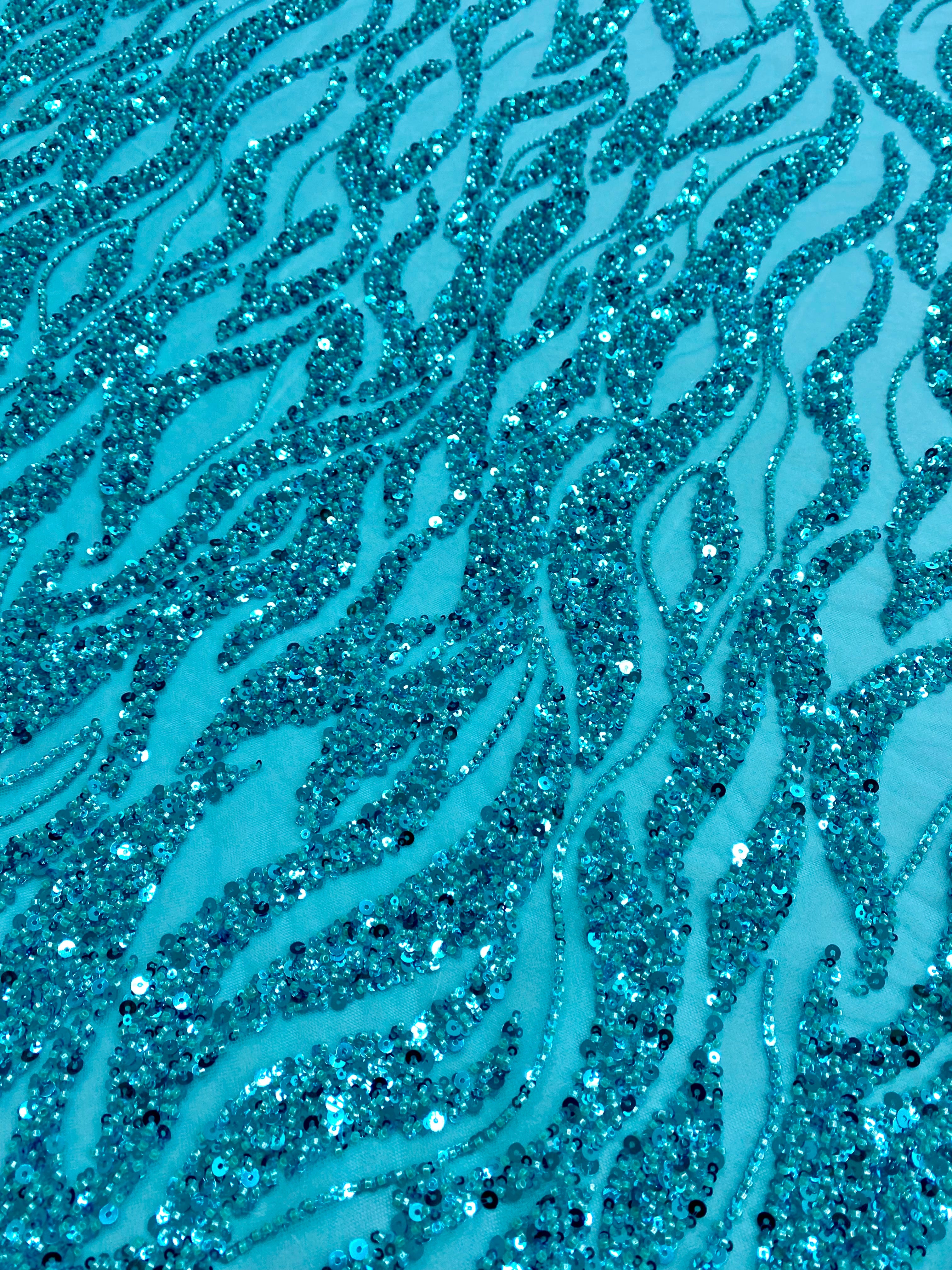 Turquoise Couture Lace with Strings, Beads and Sequins 
