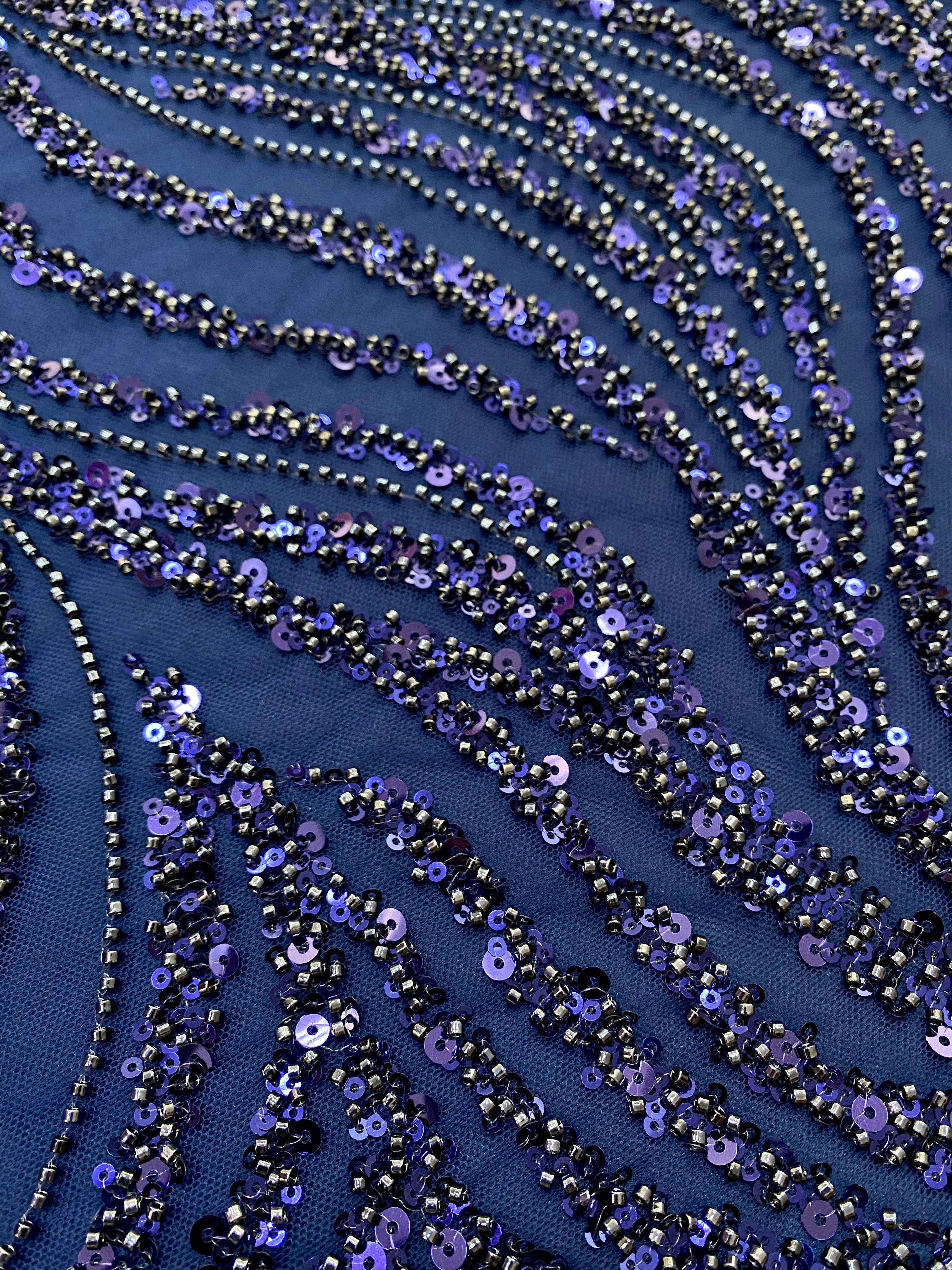Navy Blue Couture Lace with Linear Pattern, Beads and Sequins