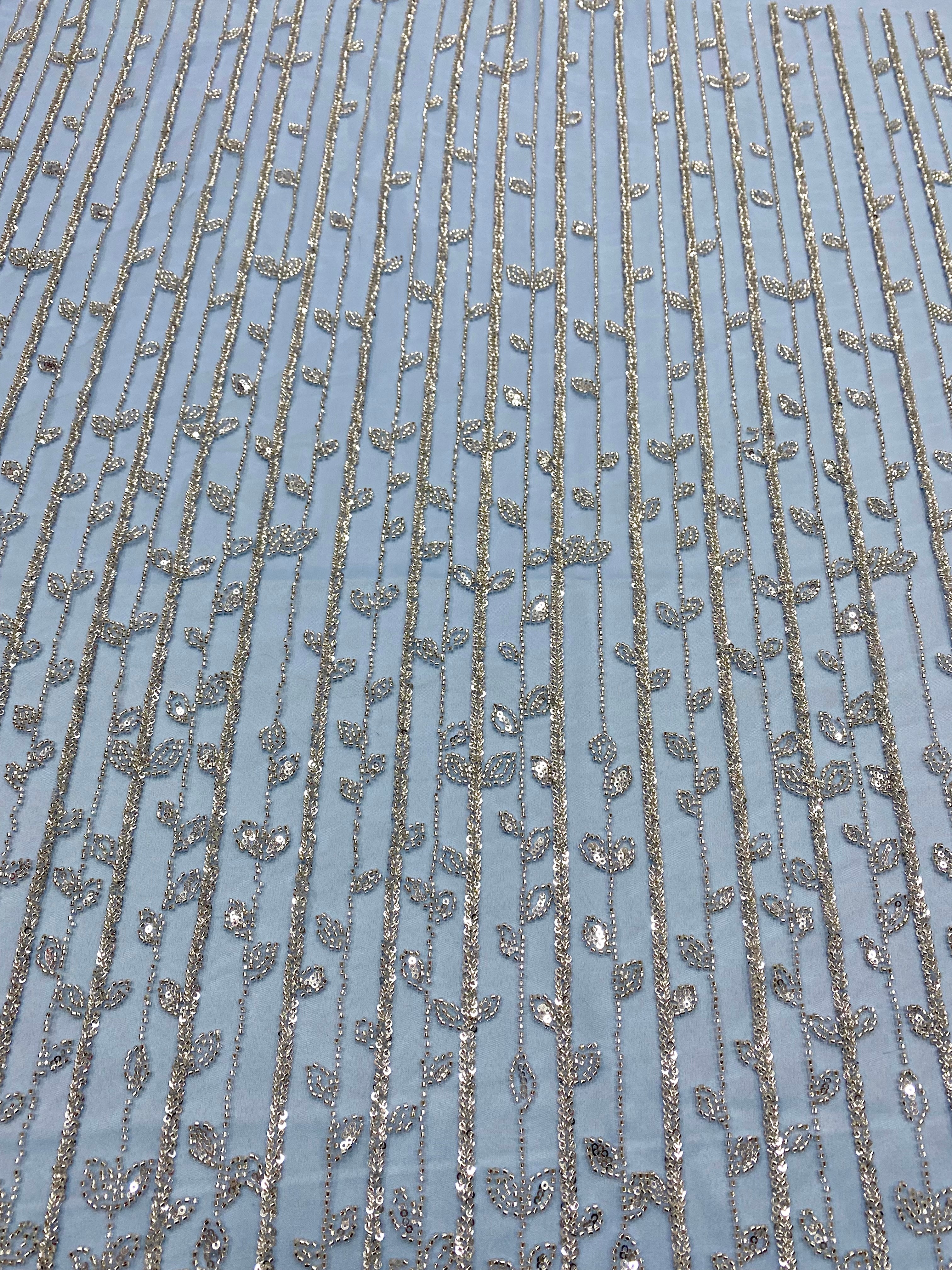 Silver Lace with Linear Pattern, with Pearls and Sequins