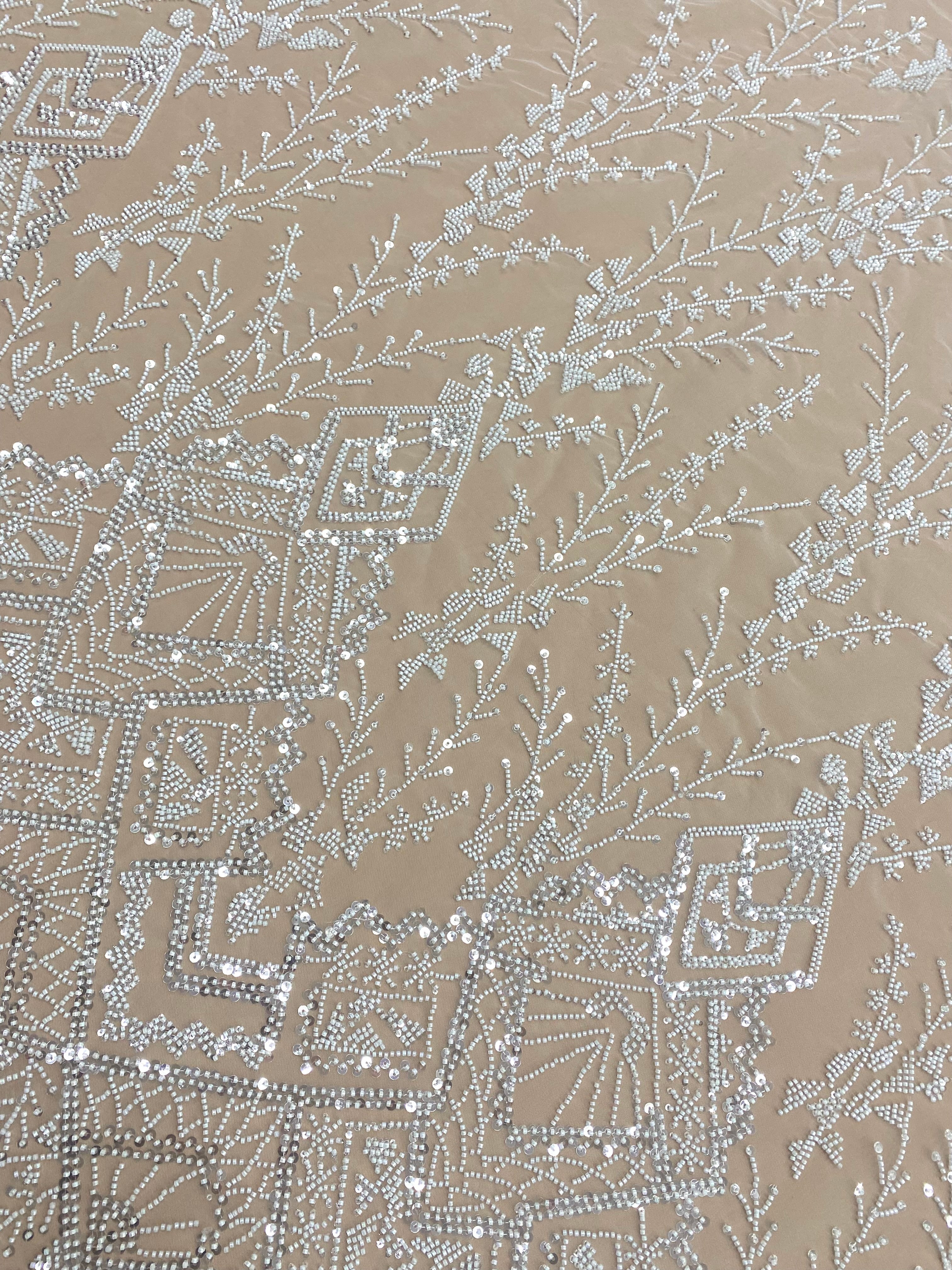 Csipke Couture Ivory geometrikus mintával, gyöngyökkel és flitterekkel