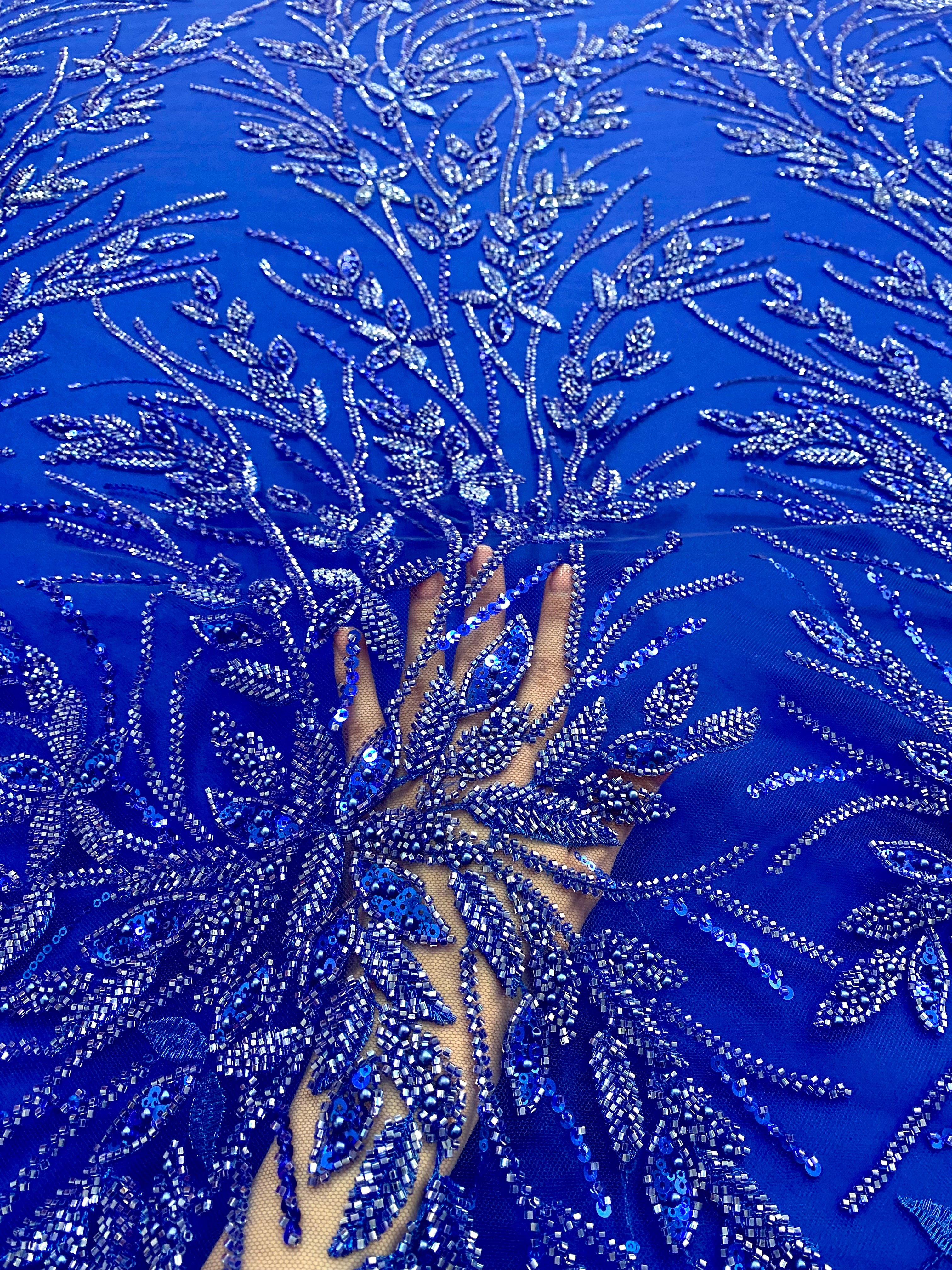 Royal Blue Couture Lace with Floral Pattern, Pearls, Beads and Sequins 