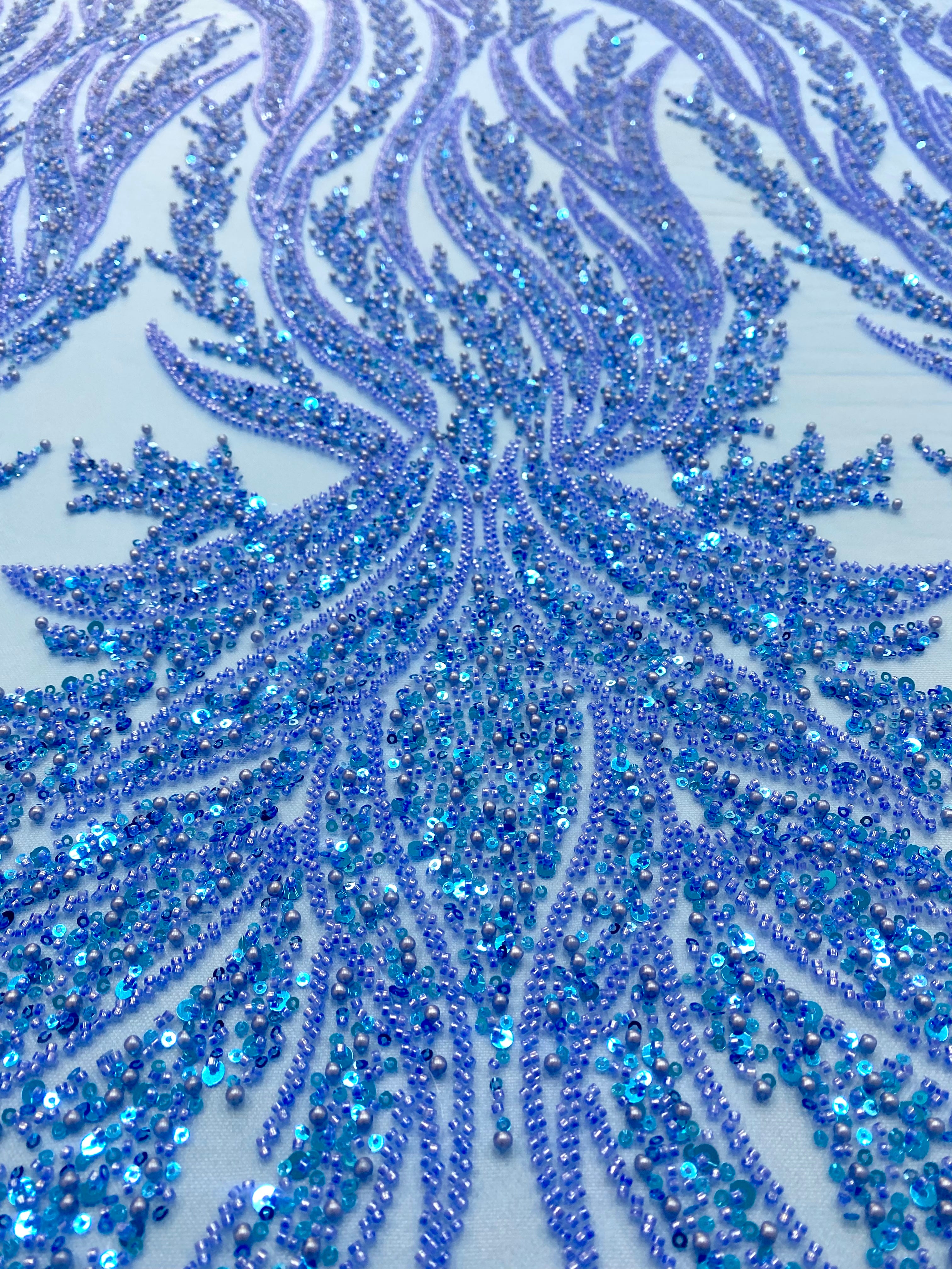 Dantela Couture Sky Blue cu Panou, cu Perle, Margele si Paiete