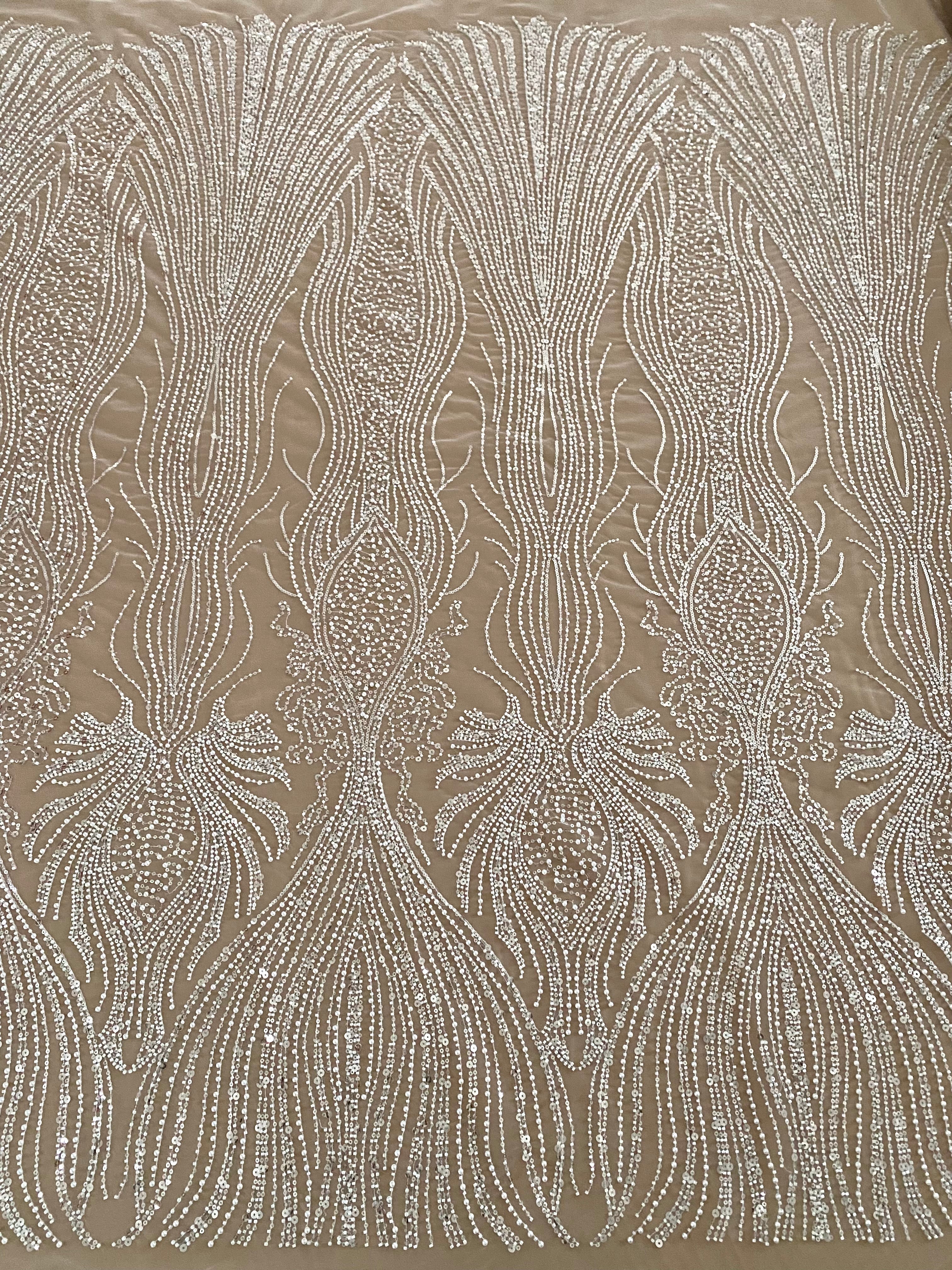 Dantela Couture Ivory cu Model Geometric, cu Perle, Margele si Paiete